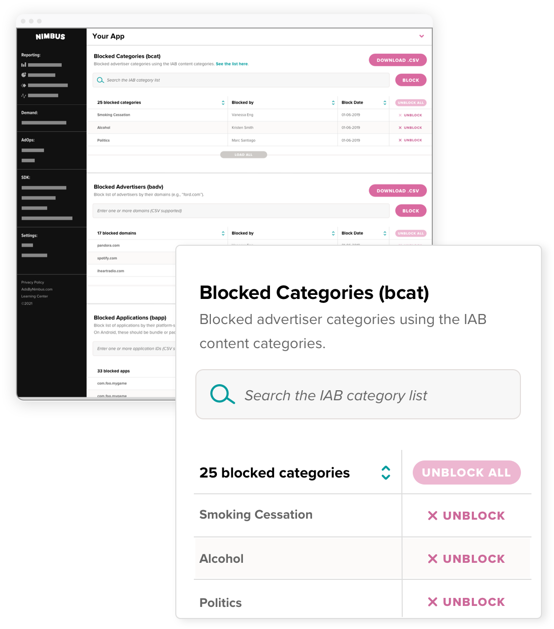 Nimbus blocking dashboard with blocked categories, advertisers, and applications lists