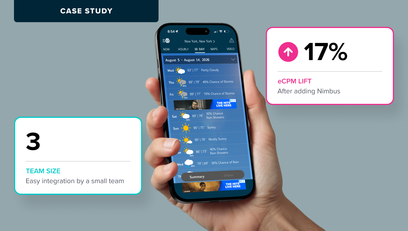 Hand holding a phone running the WeatherBug app beside stat cards showing a 17% eCPM lift with Nimbus