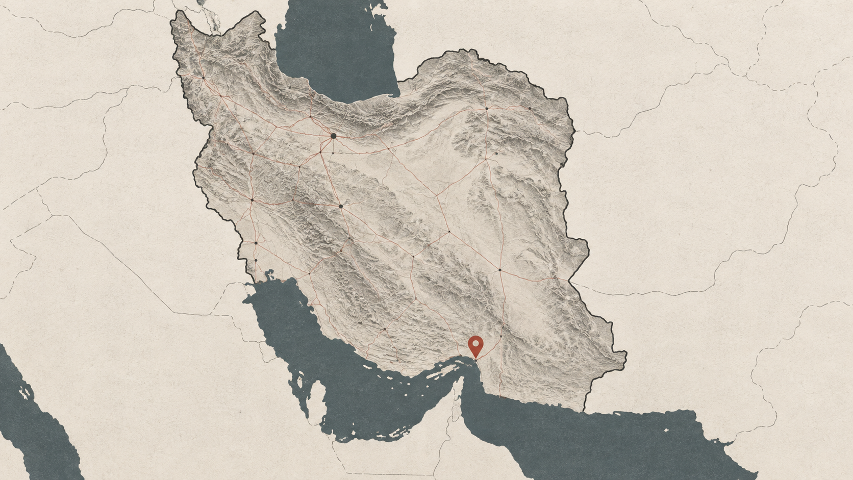 Illustrated map of Iran with a location marker near Minab in the south.