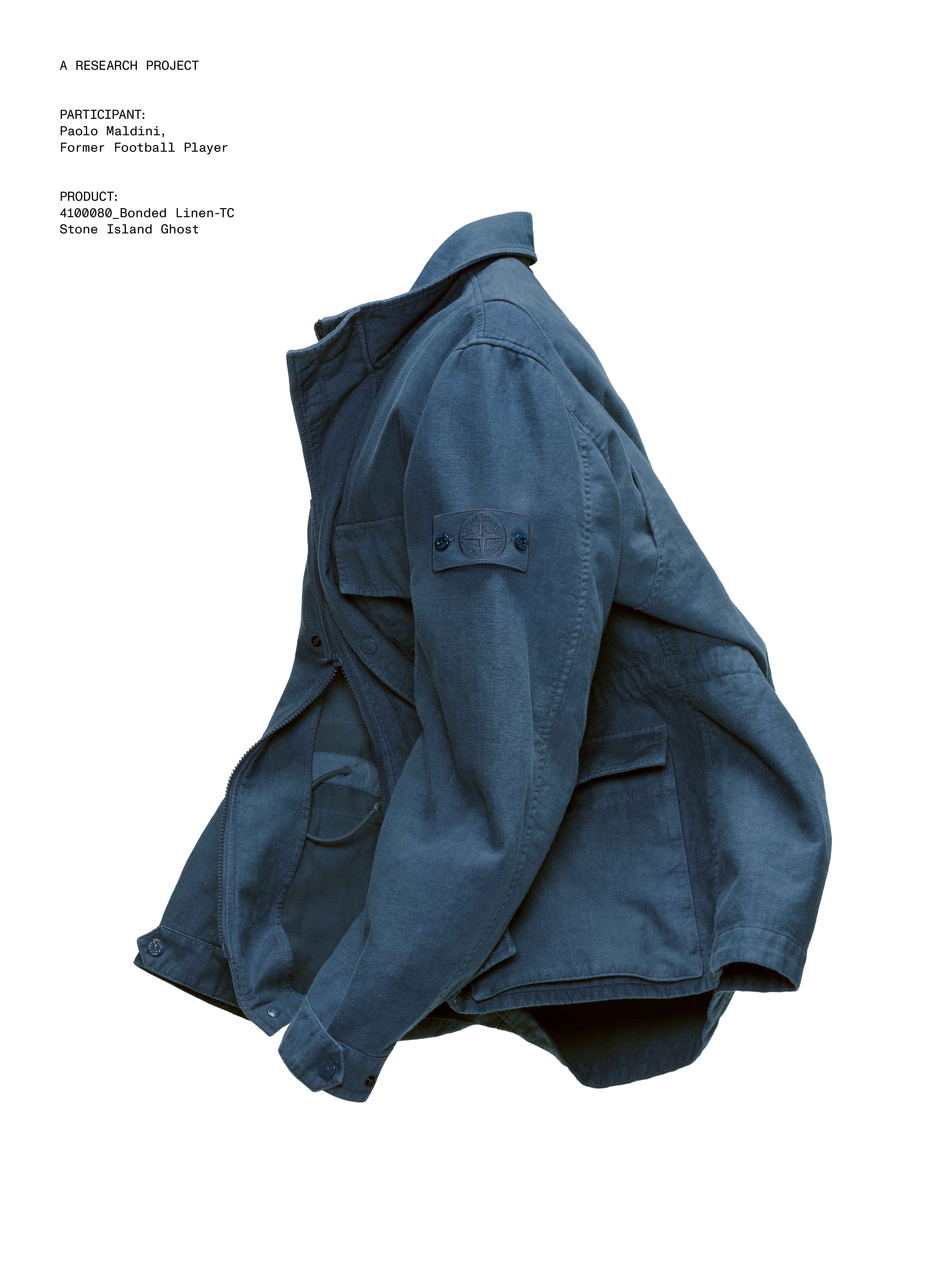 A condition that outlived every individual garment. Image Credit: Stone Island, Ghost Piece Bonded Linen-TC field jacket, Spring Summer 2026. Community as a Form of Research project featuring Paolo Maldini. Courtesy Stone Island.
