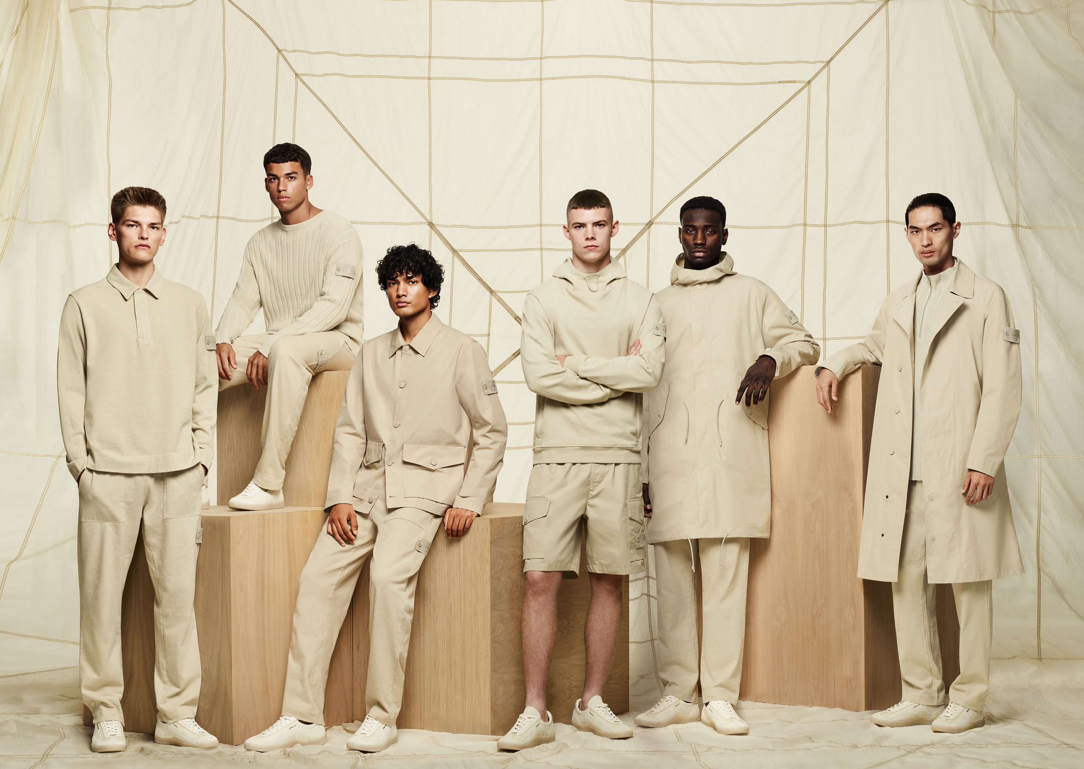 One condition, renewed across unlike materials. Image Credit: Stone Island Ghost Pieces, selection of garments across multiple materials and colourways, 2023. Courtesy Stone Island.