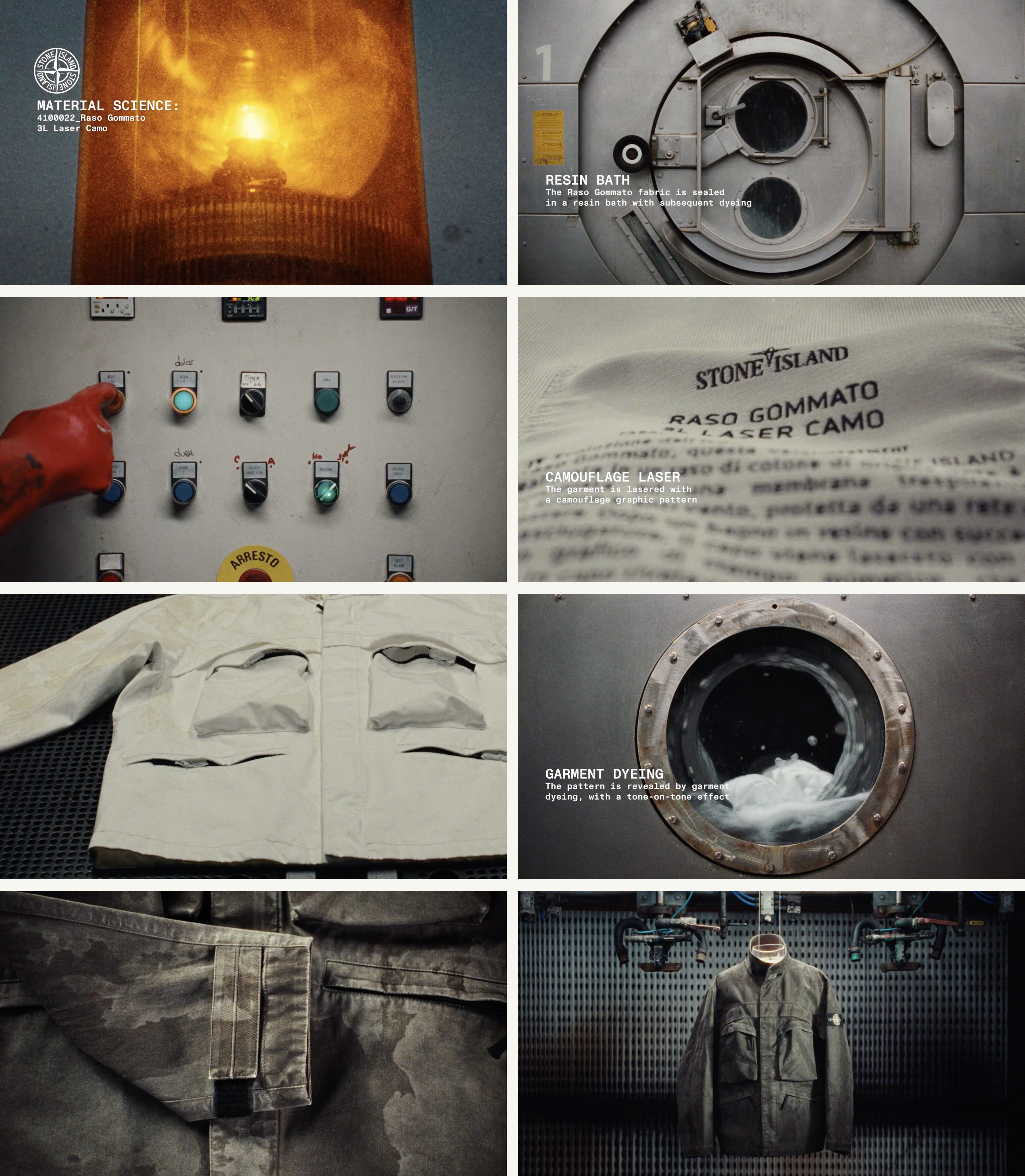 Resin, machinery, dye, and process delay the appearance of the garment until the end of the sequence. Image Credit: Stone Island, Material Science — Edition One: Raso Gommato, Spring/Summer 2025. Film stills.