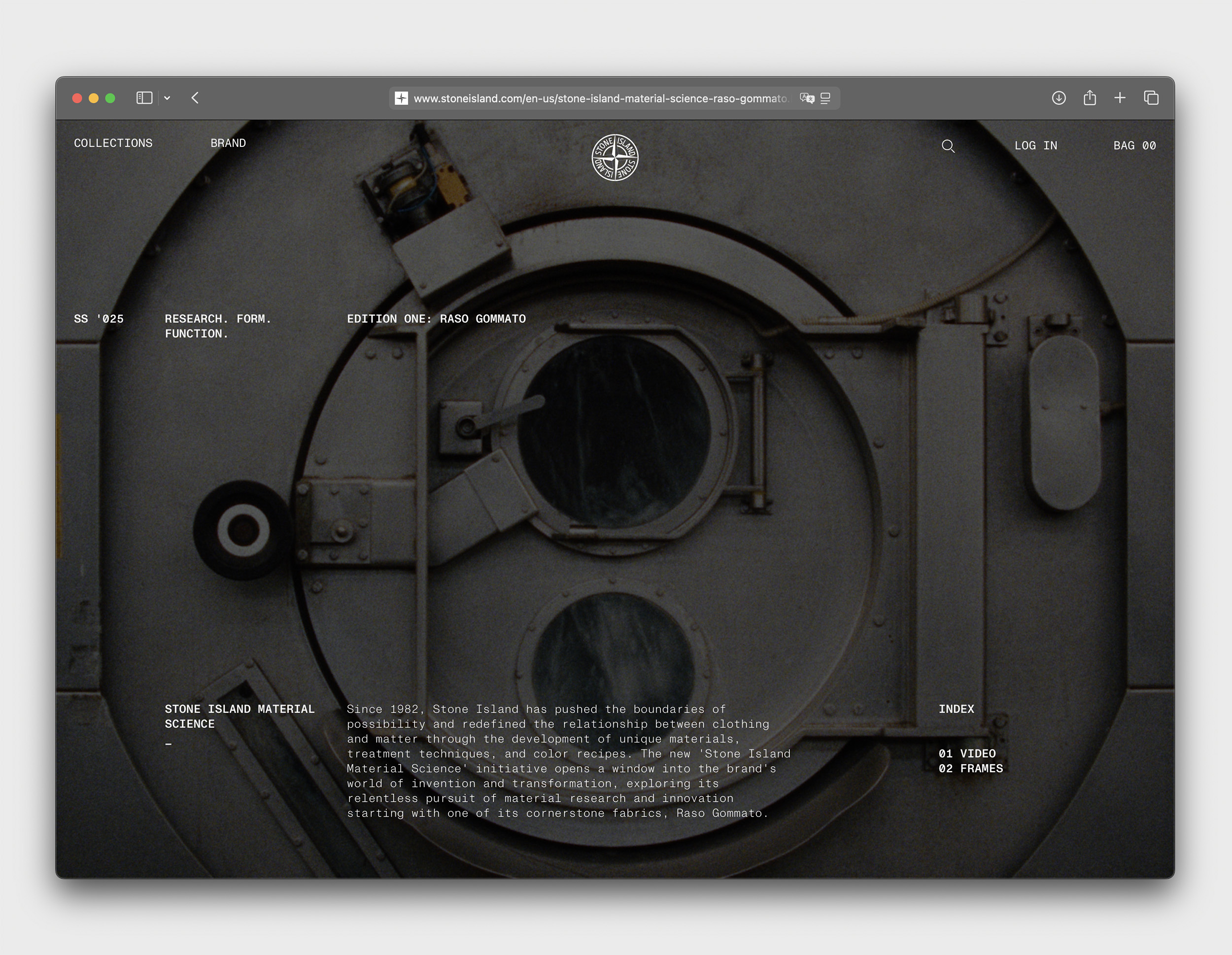Stone Island begins not with the finished garment but with the procedures from which a named material emerges. Image Credit: stoneisland.com, “Material Science — Edition One: Raso Gommato,” Spring/Summer 2025. Screen capture.