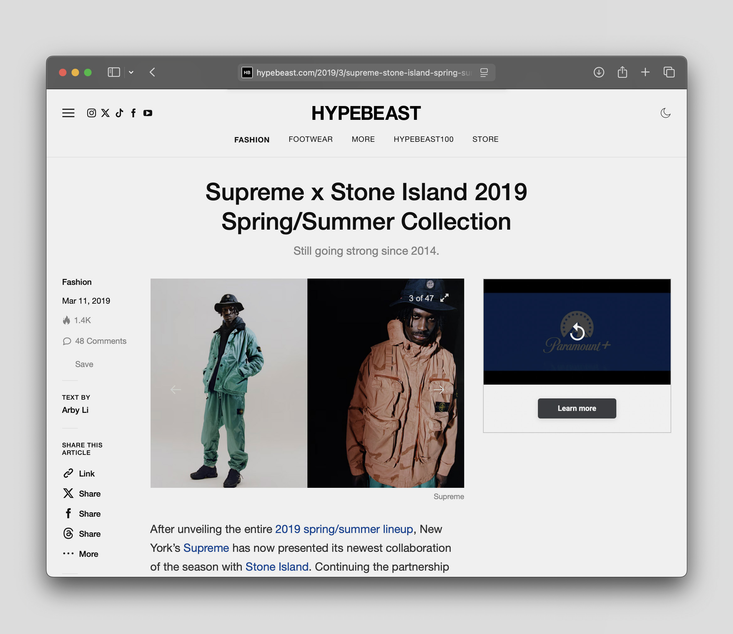 The collaboration is announced as an object already prepared for recognition. Image Credit: Hypebeast, “Supreme x Stone Island 2019 Spring/Summer Collection,” 11 March 2019. Screen capture.