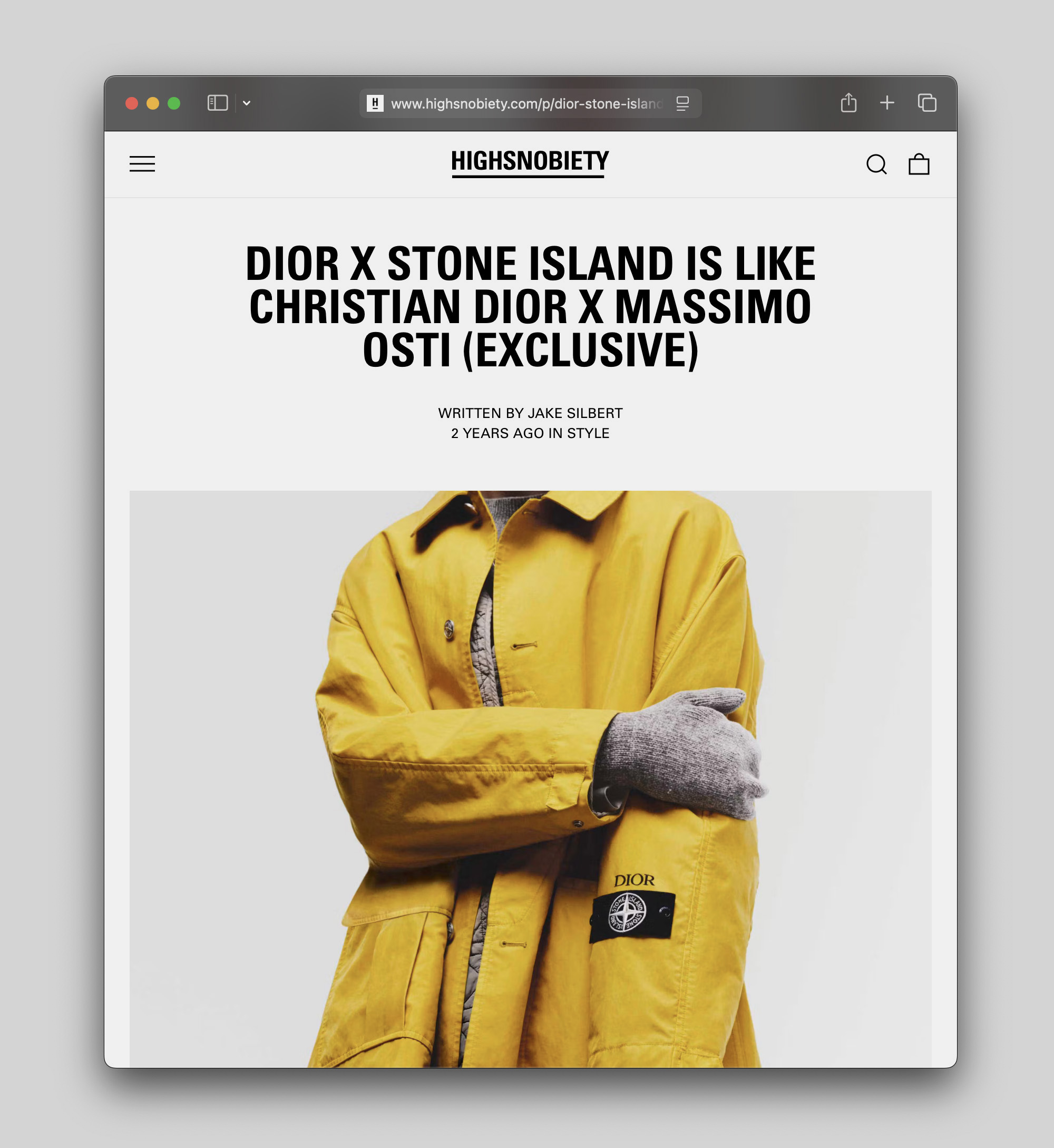 The collaboration arrives first as a finished account, its meaning assigned before the garments can be encountered. Image Credit: Highsnobiety, “Dior x Stone Island Is Like Christian Dior x Massimo Osti (EXCLUSIVE),” 13 May 2024. Screen capture.