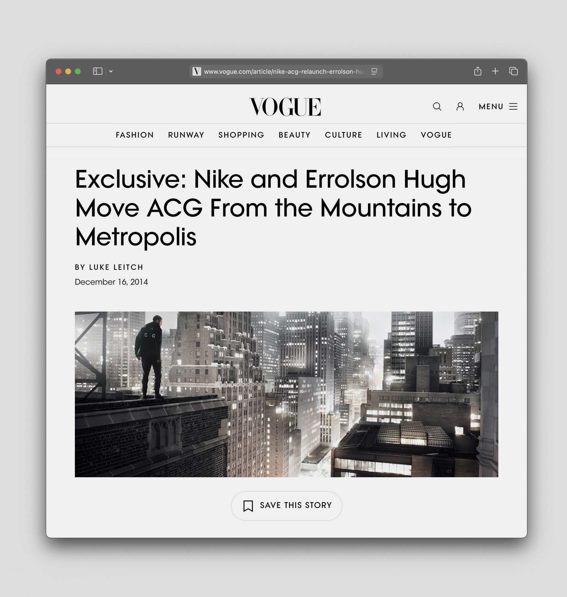 Before a garment appears, the category’s destination has already been written. Image Credit: Vogue, “Exclusive: Nike and Errolson Hugh Move ACG From the Mountains to Metropolis,” 16 December 2014. Screen capture.