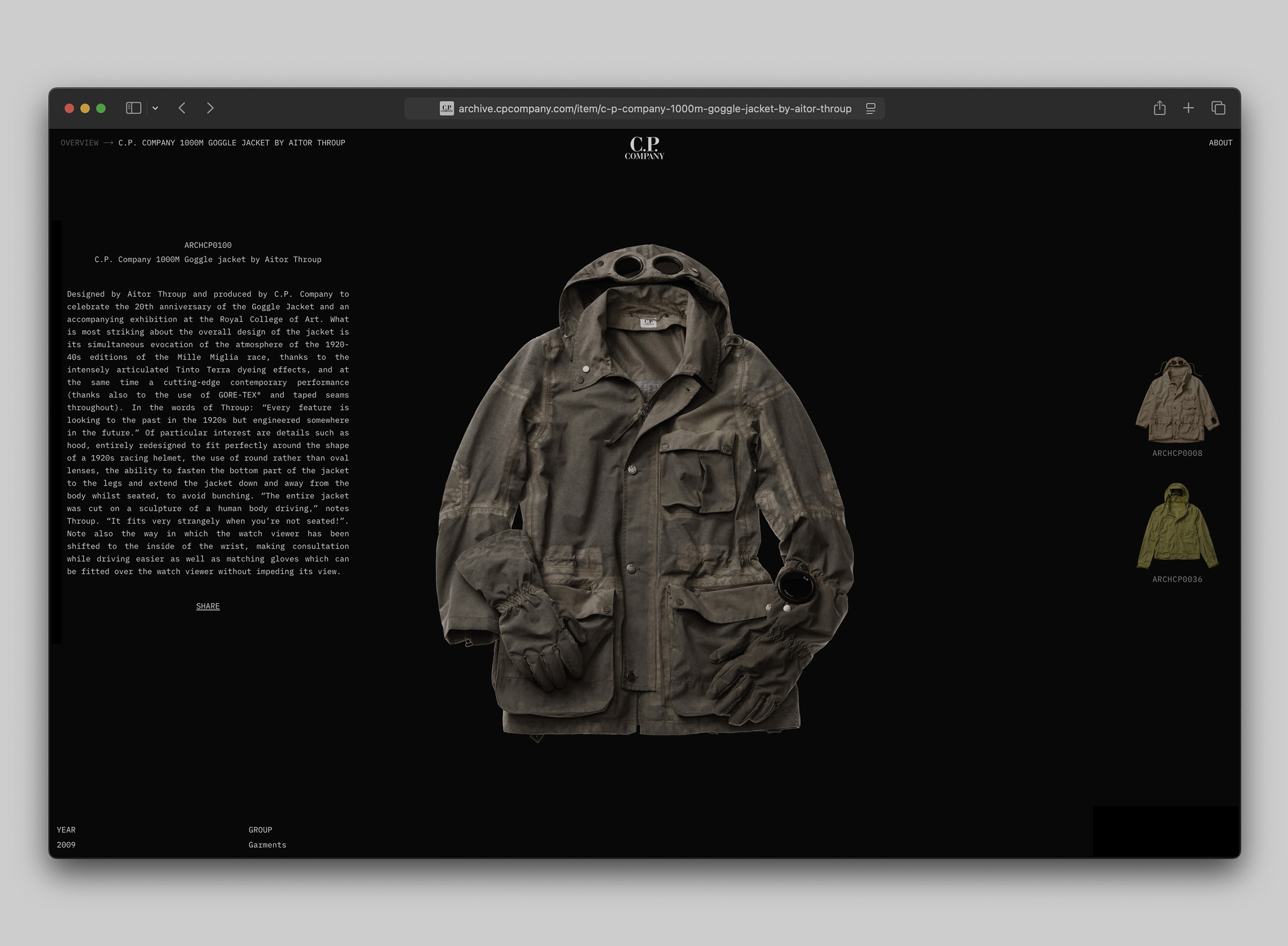 The archive records the object precisely, but not the bodily premise from which its decisions emerged. Image Credit: archive.cpcompany.com, “1000M Goggle Jacket by Aitor Throup.” Screen capture, 2026.