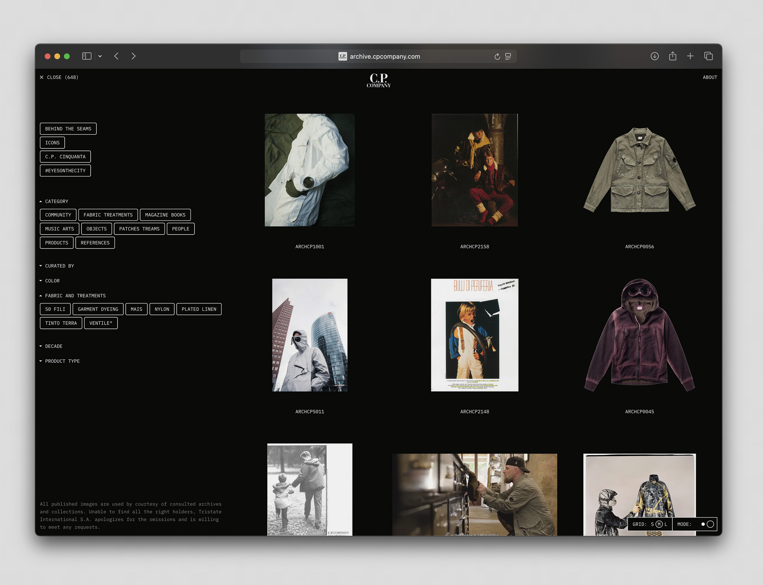 C.P. Company’s archive expands laterally from garments into the people, objects, and references that gathered around them. Image Credit: archive.cpcompany.com. Screen capture, 2026.
