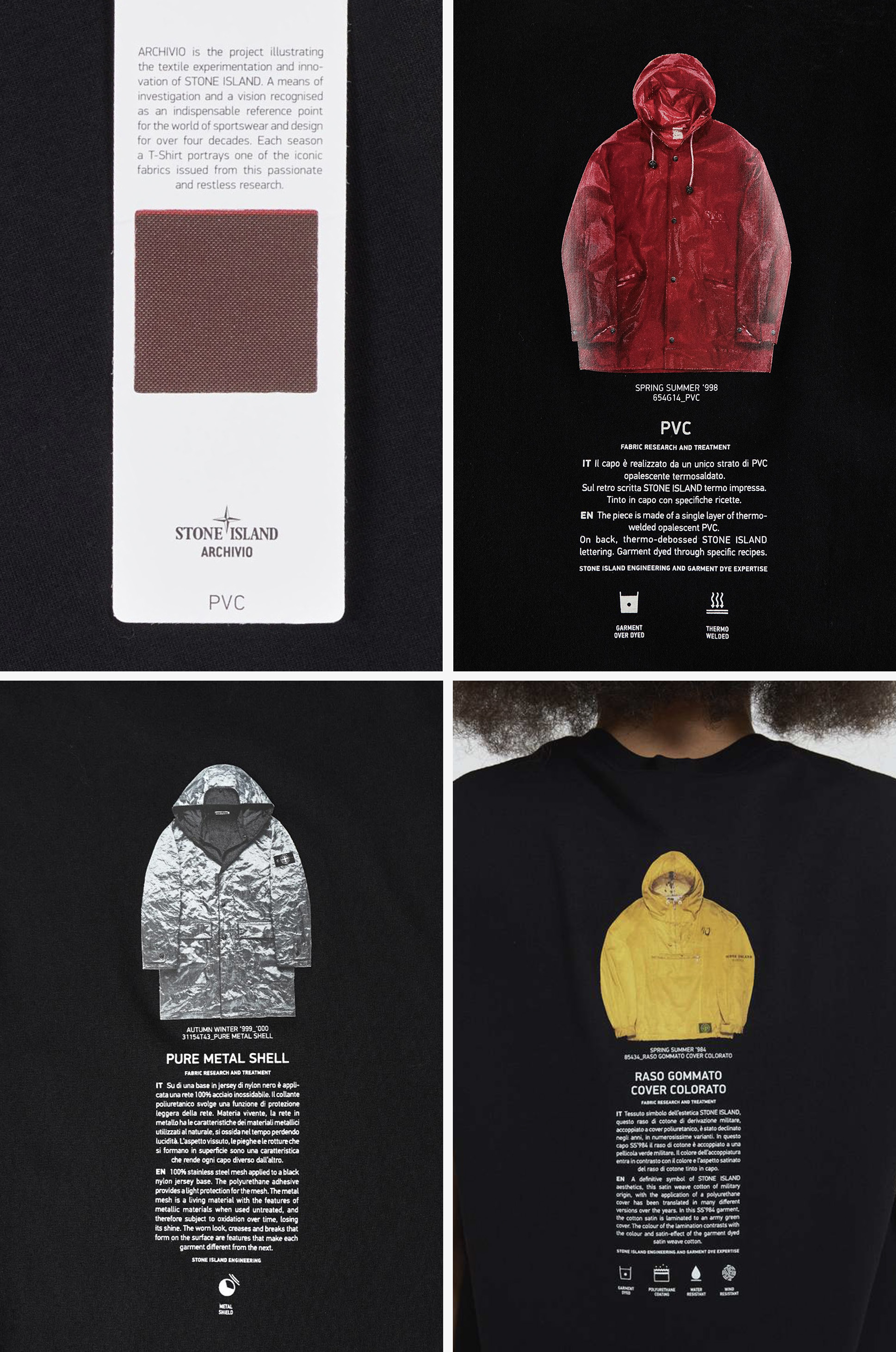 The Archivio project separates material from performance, allowing the fabric to circulate simultaneously as object, image, and authentic sample. Image Credit: Stone Island Archivio. Hangtag, T-shirts: PVC, Pure Metal Shell, Raso Gommato Cover Colorato.