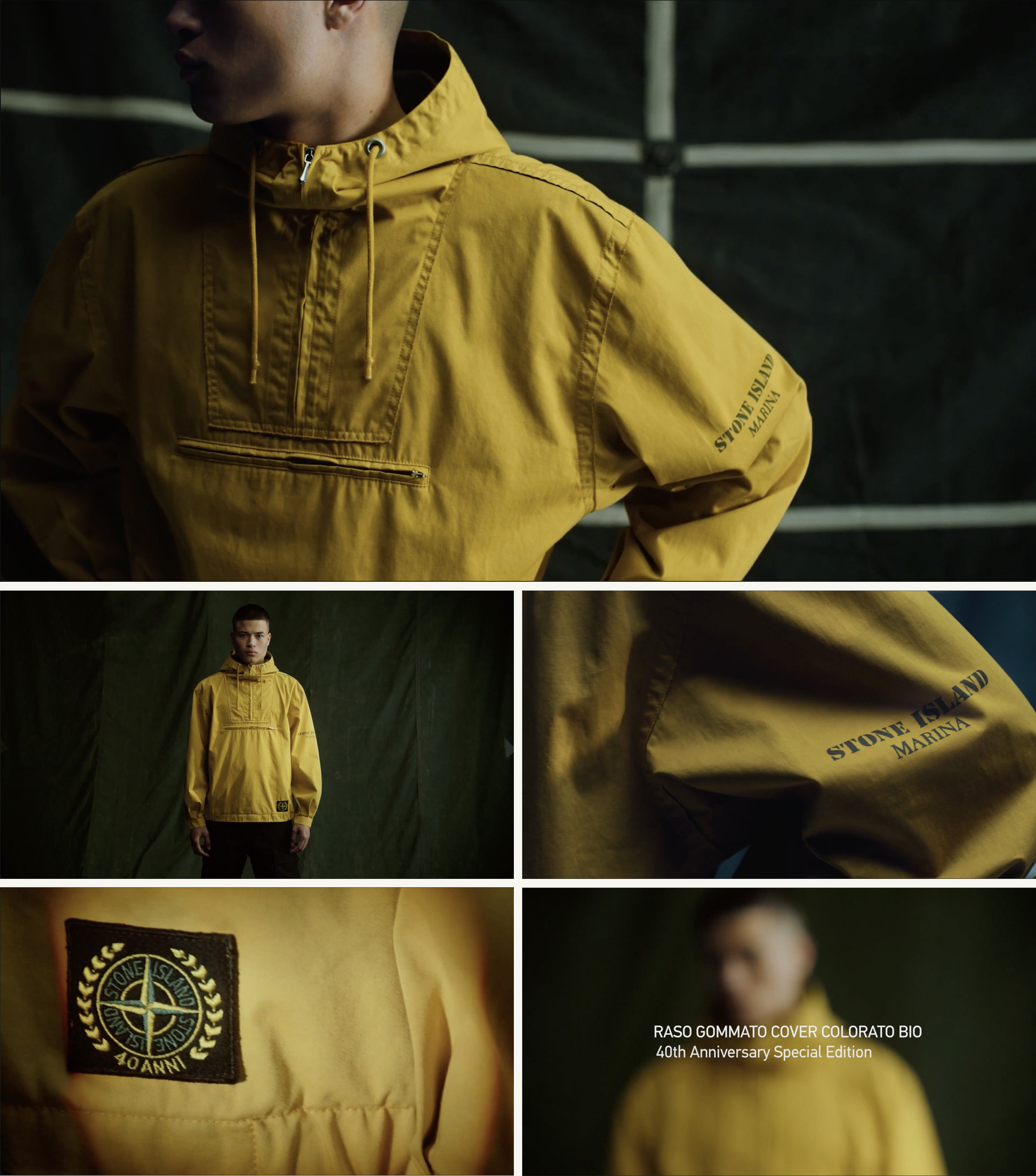 The anniversary return presents Raso Gommato Cover Colorato Bio as both garment and document, establishing the technical language the collaboration will later inherit. Image Credit: Stone Island, Raso Gommato Cover Colorato Bio, 40th Anniversary, 2022.