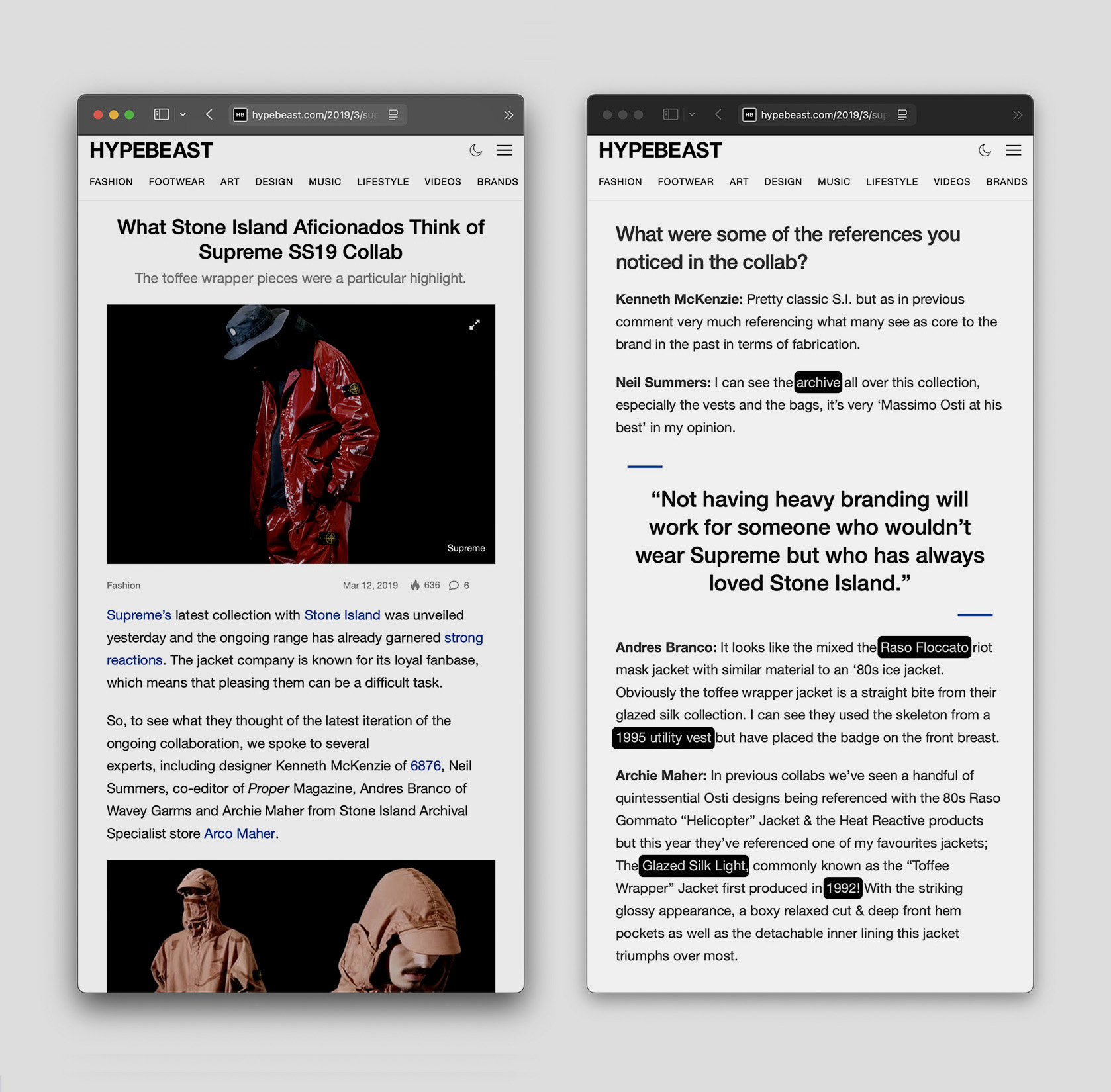 Specialists reconstruct lineage, fabric, and precedent from images alone, demonstrating how recognition has become a shared cultural practice before the garments themselves arrive. Image Credit: Hypebeast, 12 March 2019. Composite screen capture.
