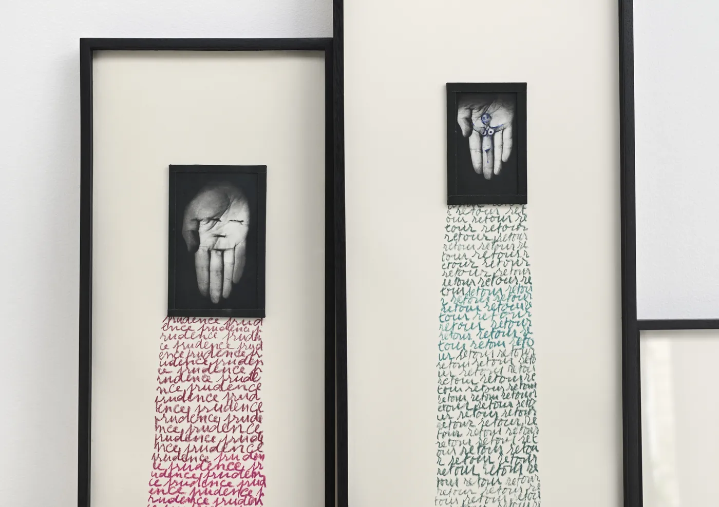 At close range, the photograph ends where the accumulated marks begin. Image Credit: Annette Messager, Les Lignes de la main (detail), 1988. Photo: Rebecca Fanuele.