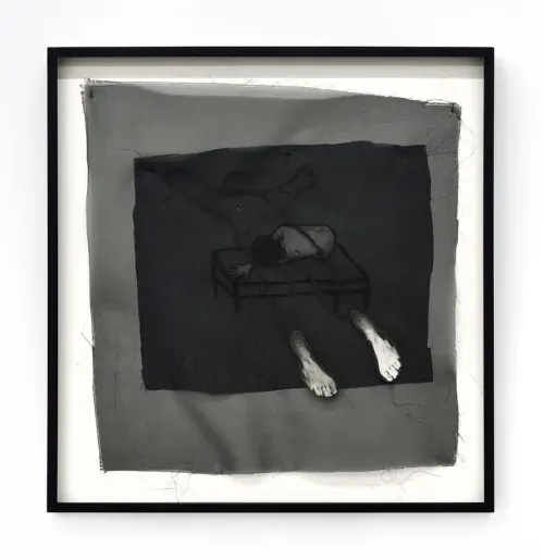 The veils obscure the image while the photographed feet are brought forward onto the outer layer. Image Credit: Annette Messager, Les Voiles, 1985. Photo: Rebecca Fanuele.