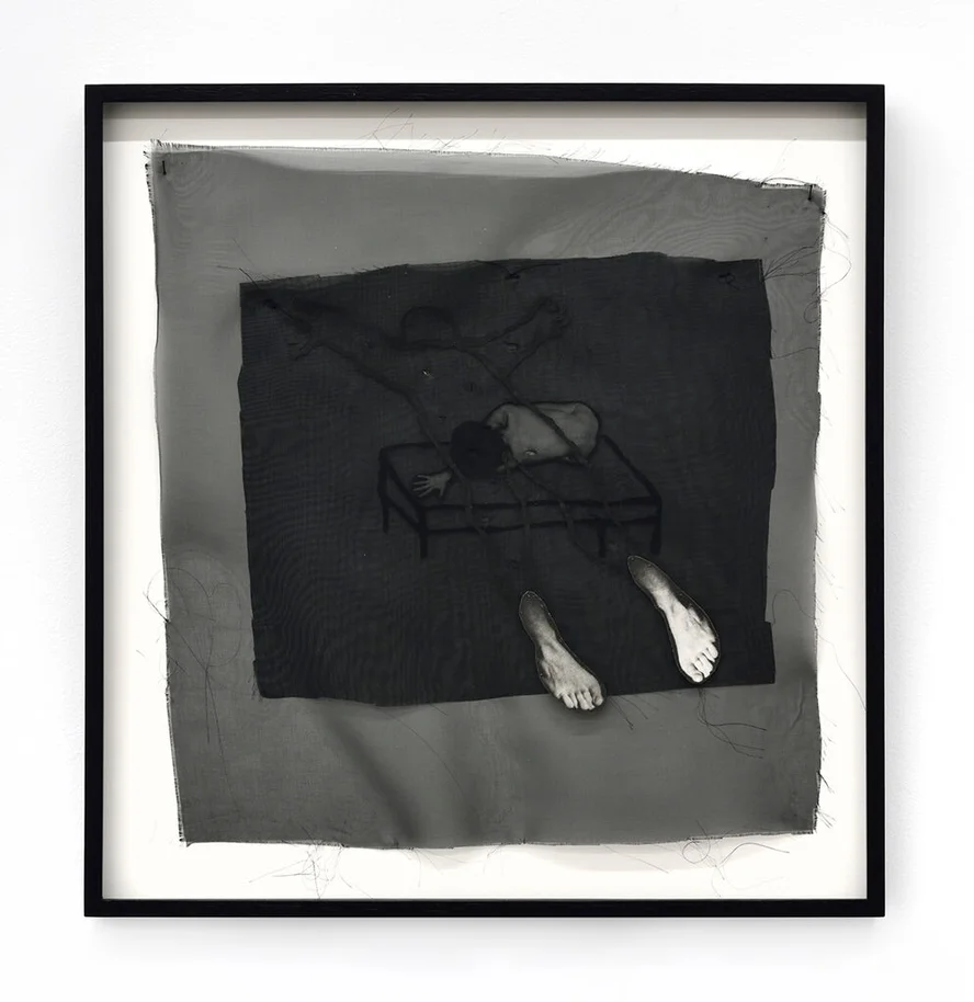 The veils obscure the image while the photographed feet are brought forward onto the outer layer. Image Credit: Annette Messager, Les Voiles, 1985. Photo: Rebecca Fanuele.