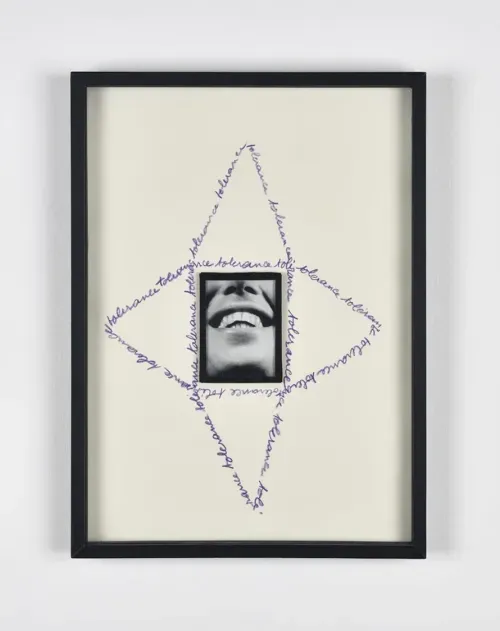 Tolérance repeats around the photographed mouth until the word becomes a border. Image Credit: Annette Messager, Mes Ouvrages (Tolérance), 1988–1989. Photo: Rebecca Fanuele.