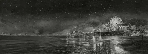 A sheet of paper produces distance, weather, reflected light, and a place that seems to continue beyond its edge. Image Credit: Hans Op de Beeck, The Pier at Night (NWM), 2024. Photo: Hugard & Vanoverschelde.
