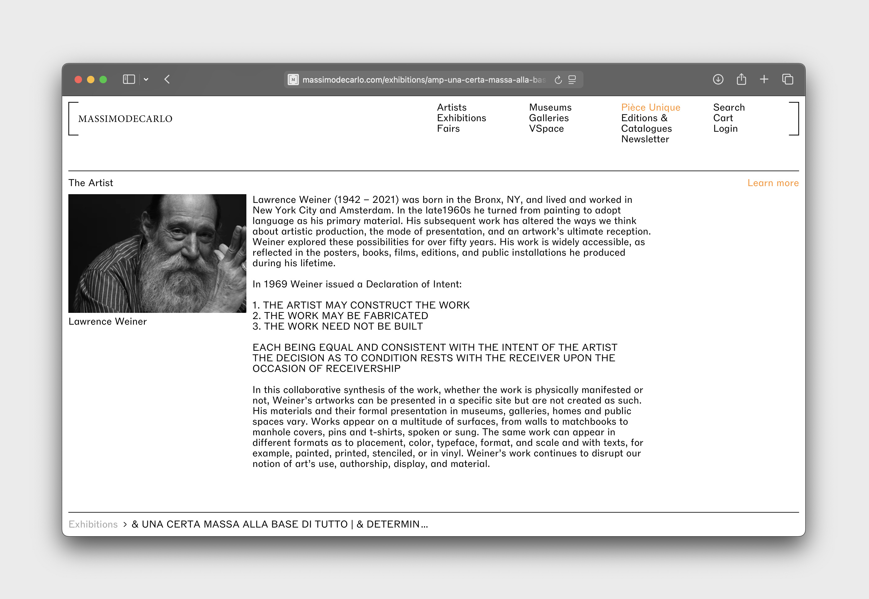 MASSIMODECARLO reproduces Weiner's Declaration of Intent: construction, fabrication and non-realization as equal possibilities, with condition resting on the receiver. Image Credit: Screenshot, massimodecarlo.com, 2026. Portrait: Robin Martin.