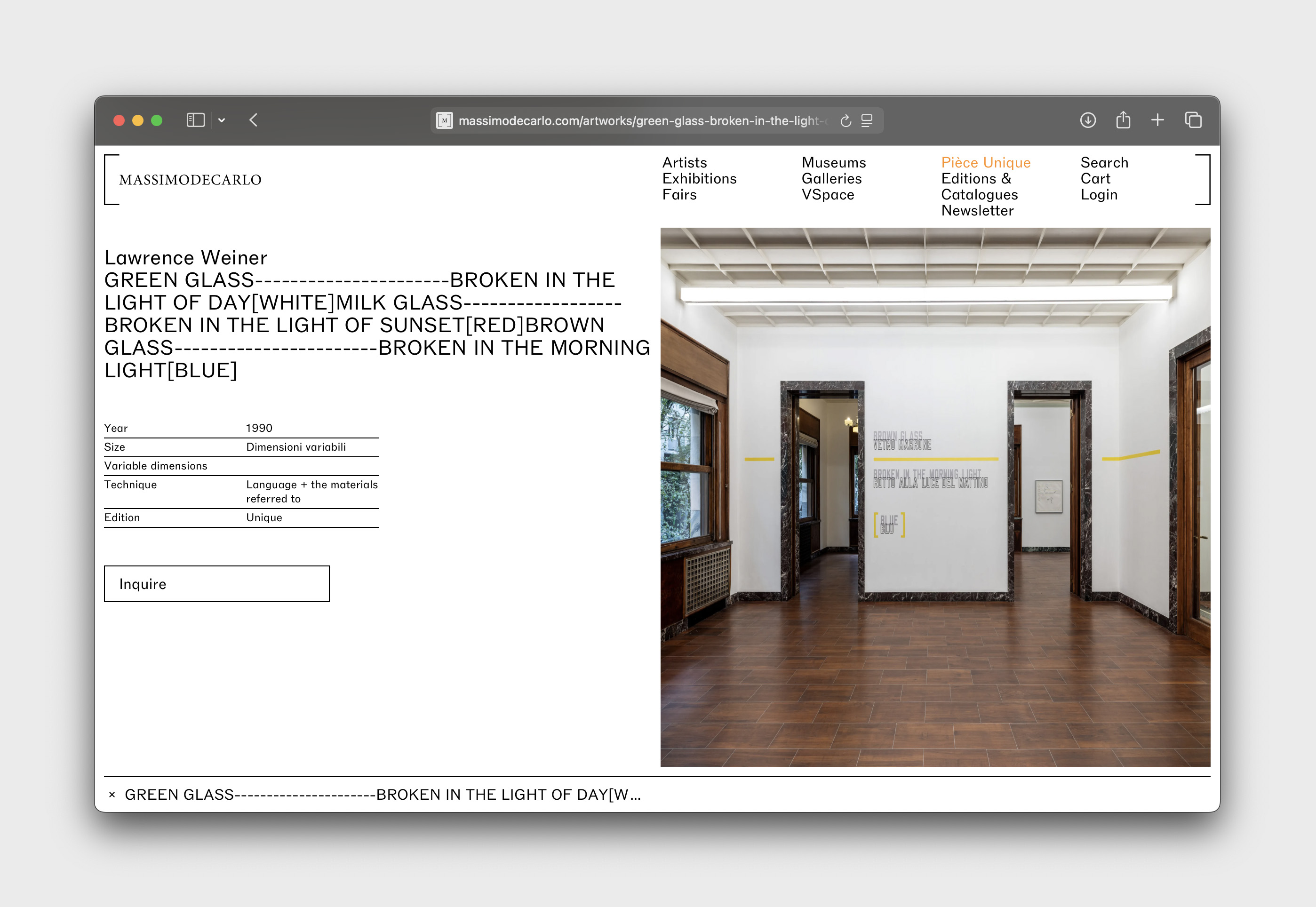 The gallery's artwork page carries the run of dashes inside the title itself, before the line acquires colour and architectural scale. Image Credit: Screenshot, massimodecarlo.com, 2026. Photo: Roberto Marossi.