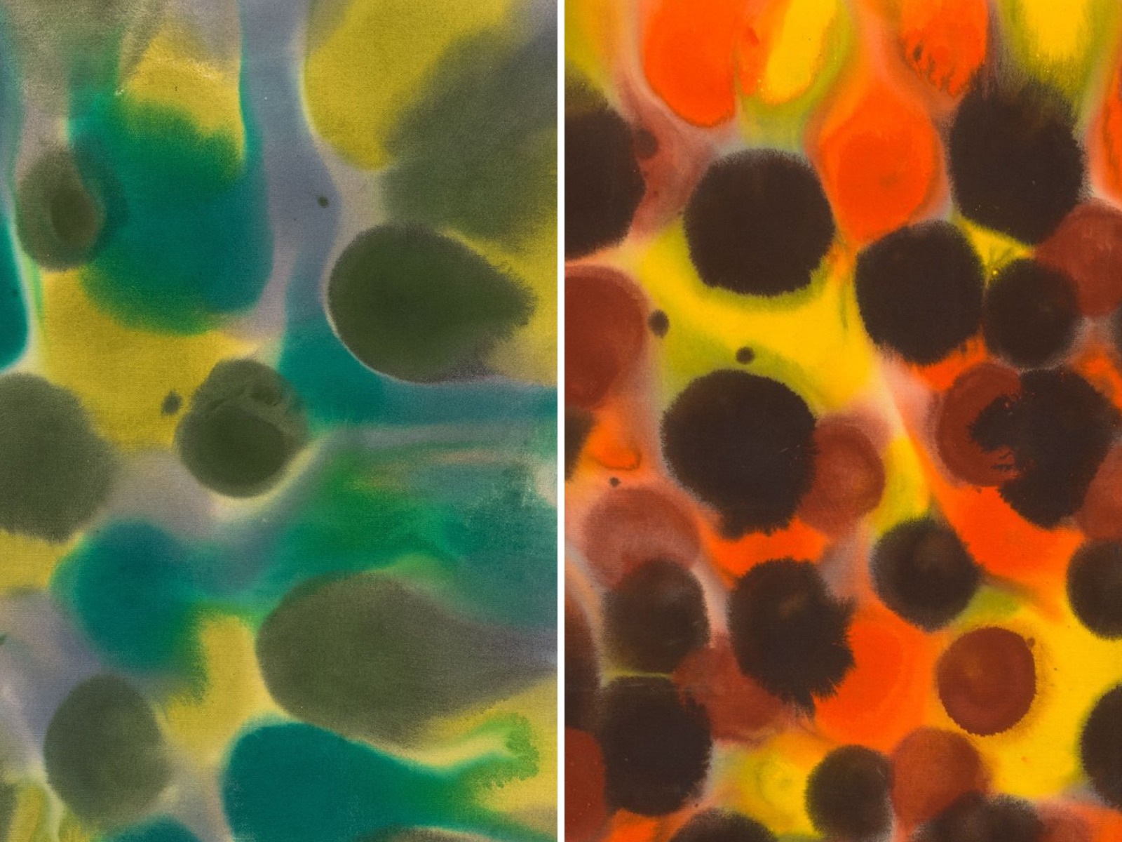 An olive blot in its pale ring, beside black and rust-coloured discs meeting the surrounding yellow. Image Credit: Untitled, 1970 and Untitled, 1972 (details). © Kenneth Victor Young. Courtesy Andrew Kreps Gallery, New York.