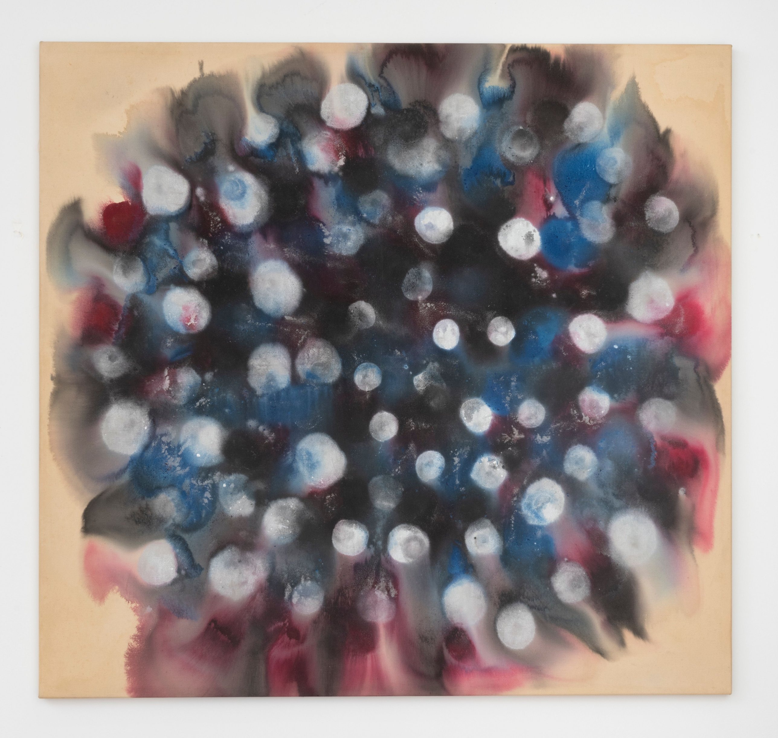 White discs within a grey-black wash with ultramarine and crimson. Small and crisp near the centre, larger and softer towards the margins. Image Credit: Untitled, c. 1970. © Kenneth Victor Young. Courtesy Andrew Kreps Gallery, New York.