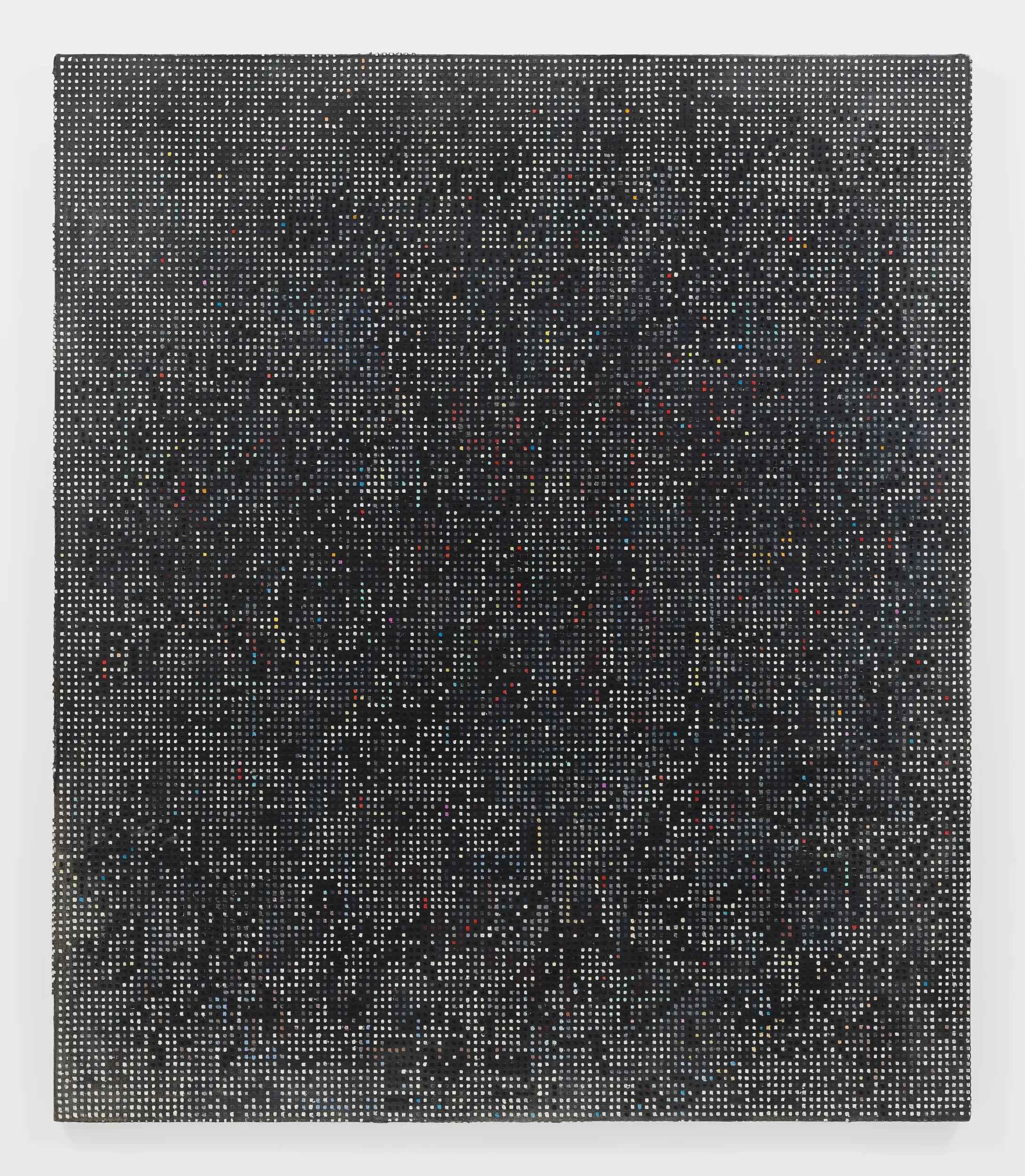 The same kind of lattice at more than two metres. Each cell takes a value, from white to near black. Image Credit: Jack Whitten, Manhattan Odyssey, II, 1985. © Jack Whitten Estate / ARS. Photo: Sarah Muehlbauer.