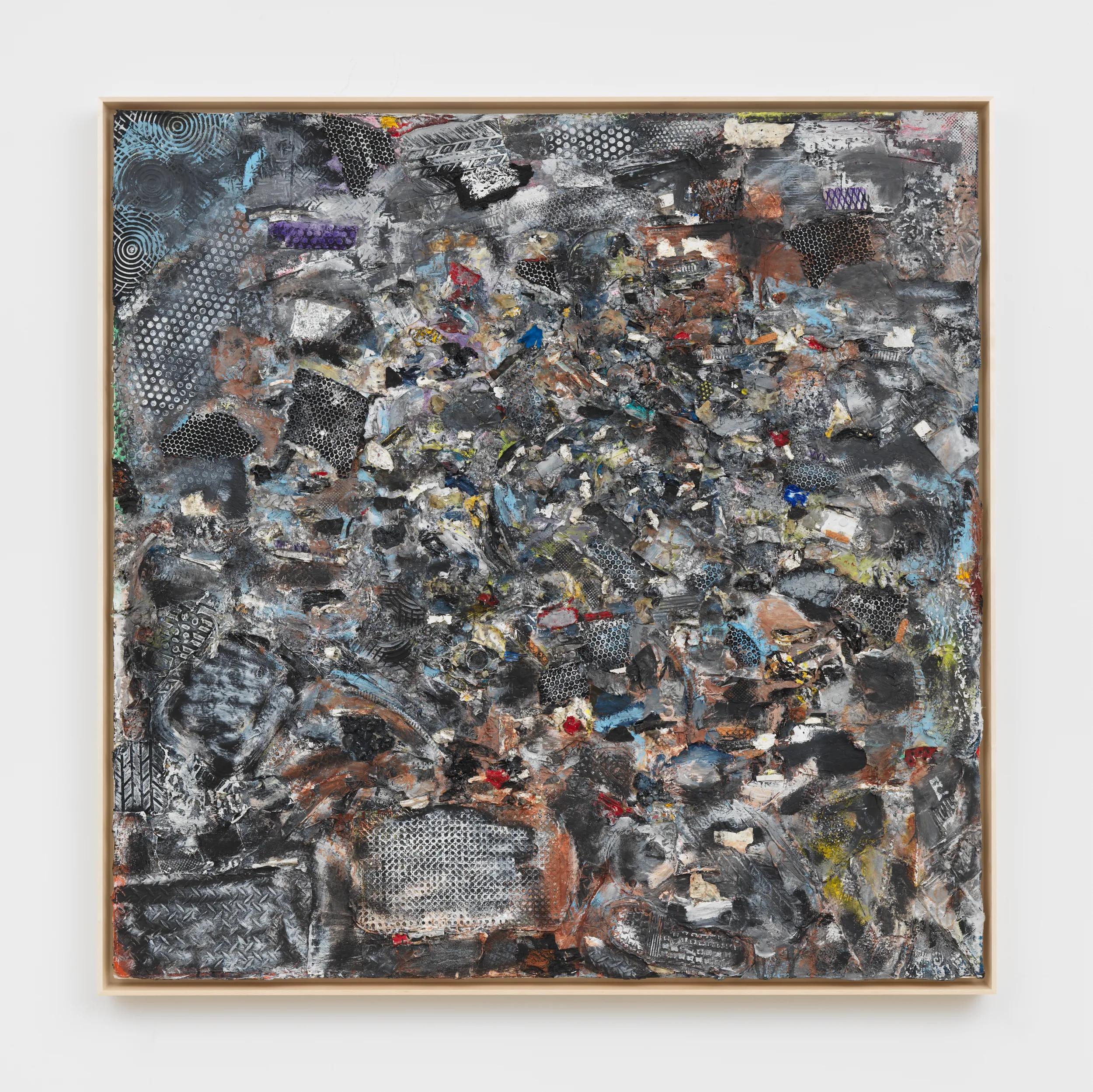 Spiral, the relief in the corner: many of its larger pieces carry regular patterns that resemble caning, tread plate and mesh. Image Credit: Jack Whitten, Spiral: A Dedication to R. Bearden, 1988. © Jack Whitten Estate / ARS. Photo: Object Studies.