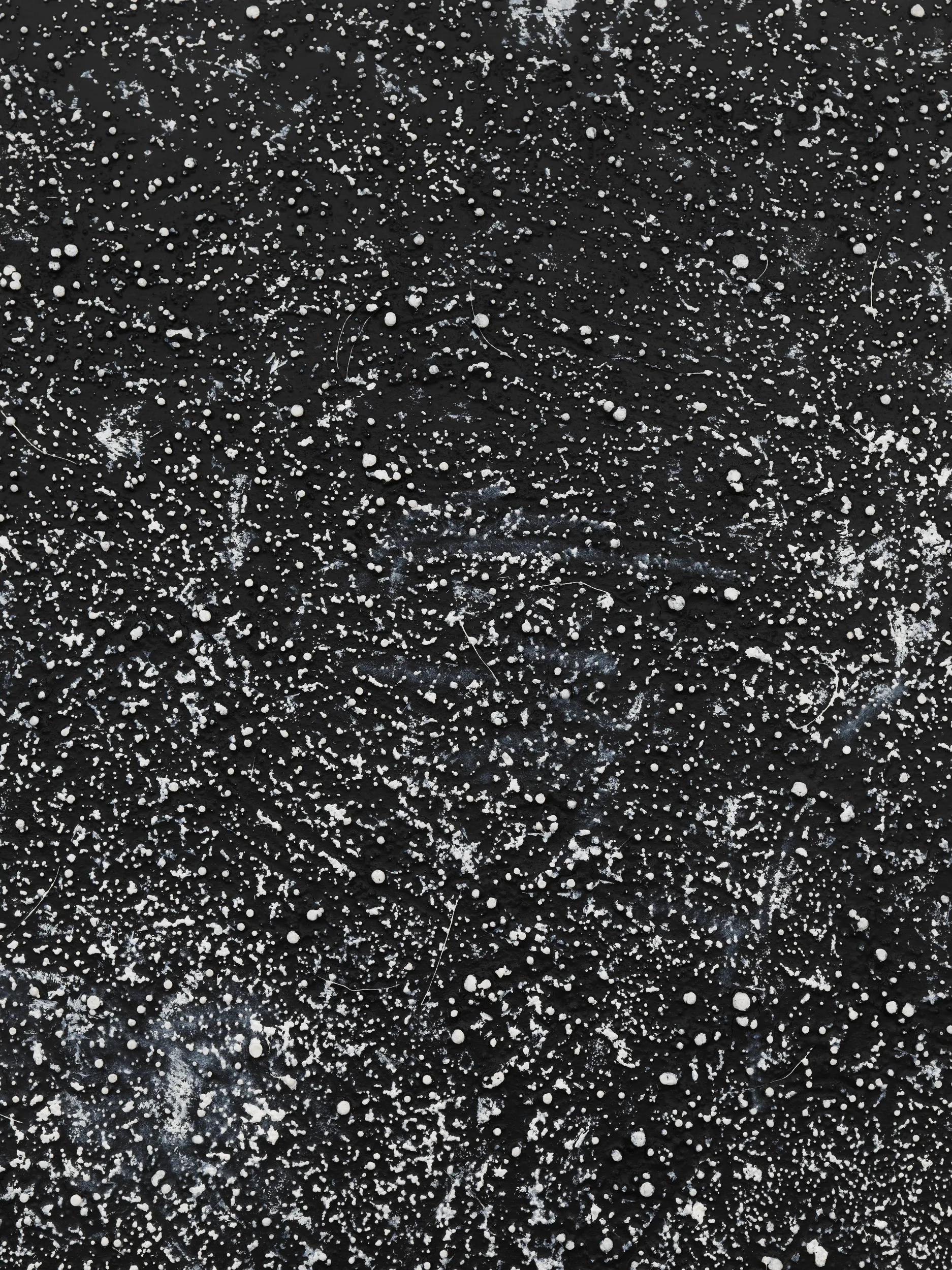 Round elements of several sizes, flecks, short streaks and scratches thin as hairs. Image Credit: Jack Whitten, A Memorial To The Challenger Crew (detail), 1986. © Jack Whitten Estate / ARS. Photo: Object Studies.