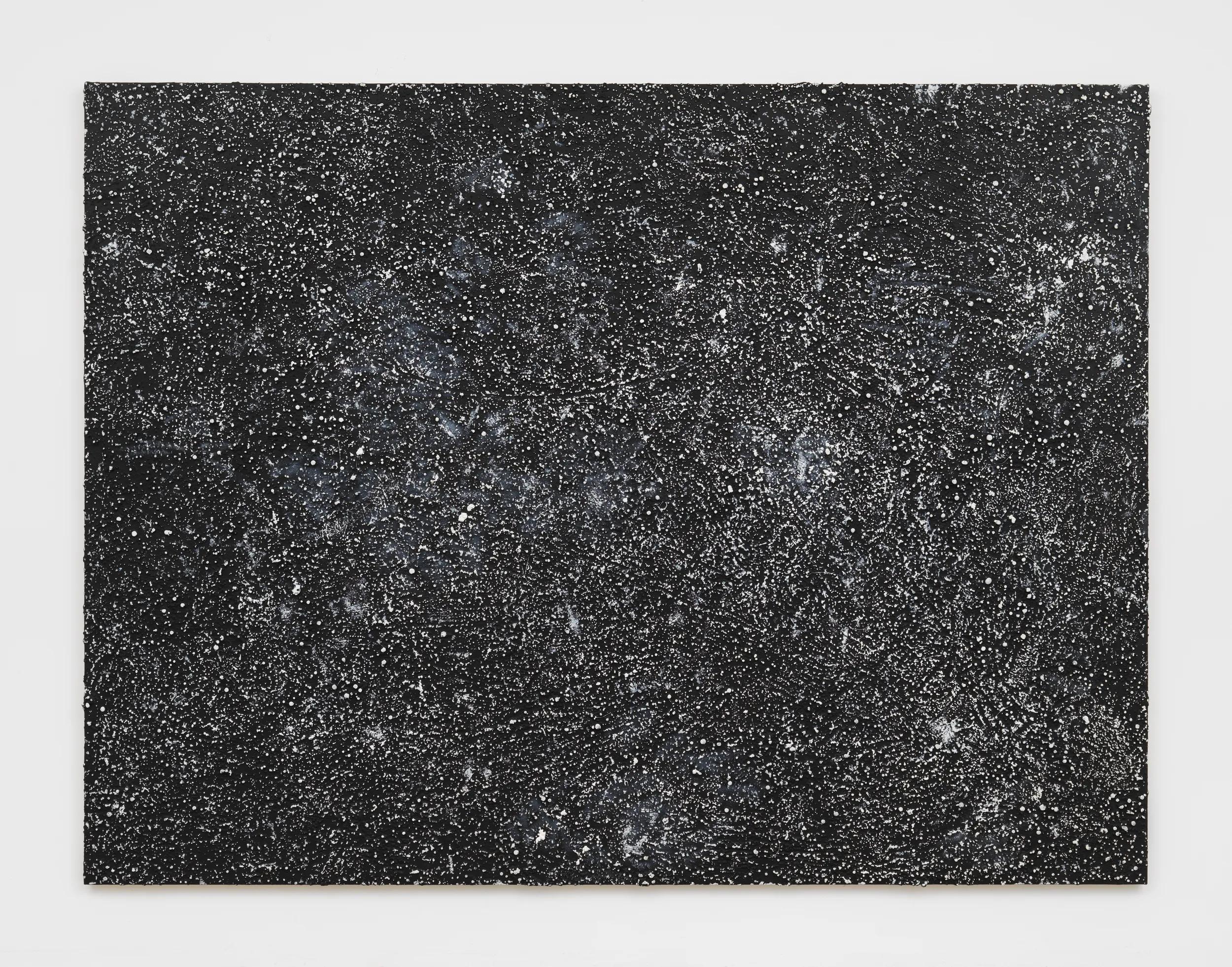 Thousands of white marks across a worked black ground. Image Credit: Jack Whitten, A Memorial To The Challenger Crew, 1986. © Jack Whitten Estate / ARS. Photo: Object Studies.