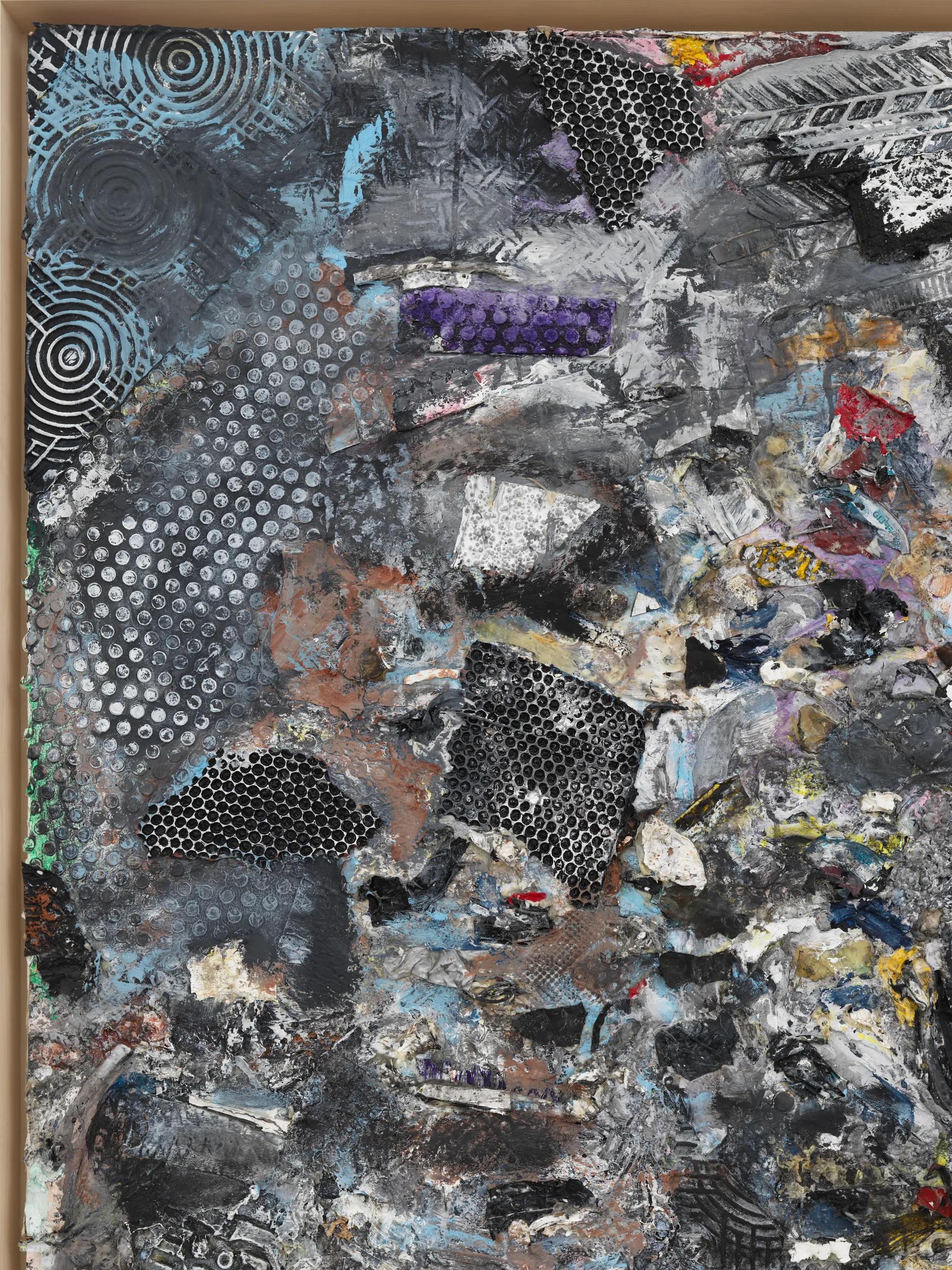 Concentric rings, a dot field, black honeycomb and a purple strip: each pattern keeps to its own fragment. Image Credit: Jack Whitten, Spiral: A Dedication to R. Bearden (detail), 1988. © Jack Whitten Estate / ARS. Photo: Object Studies.