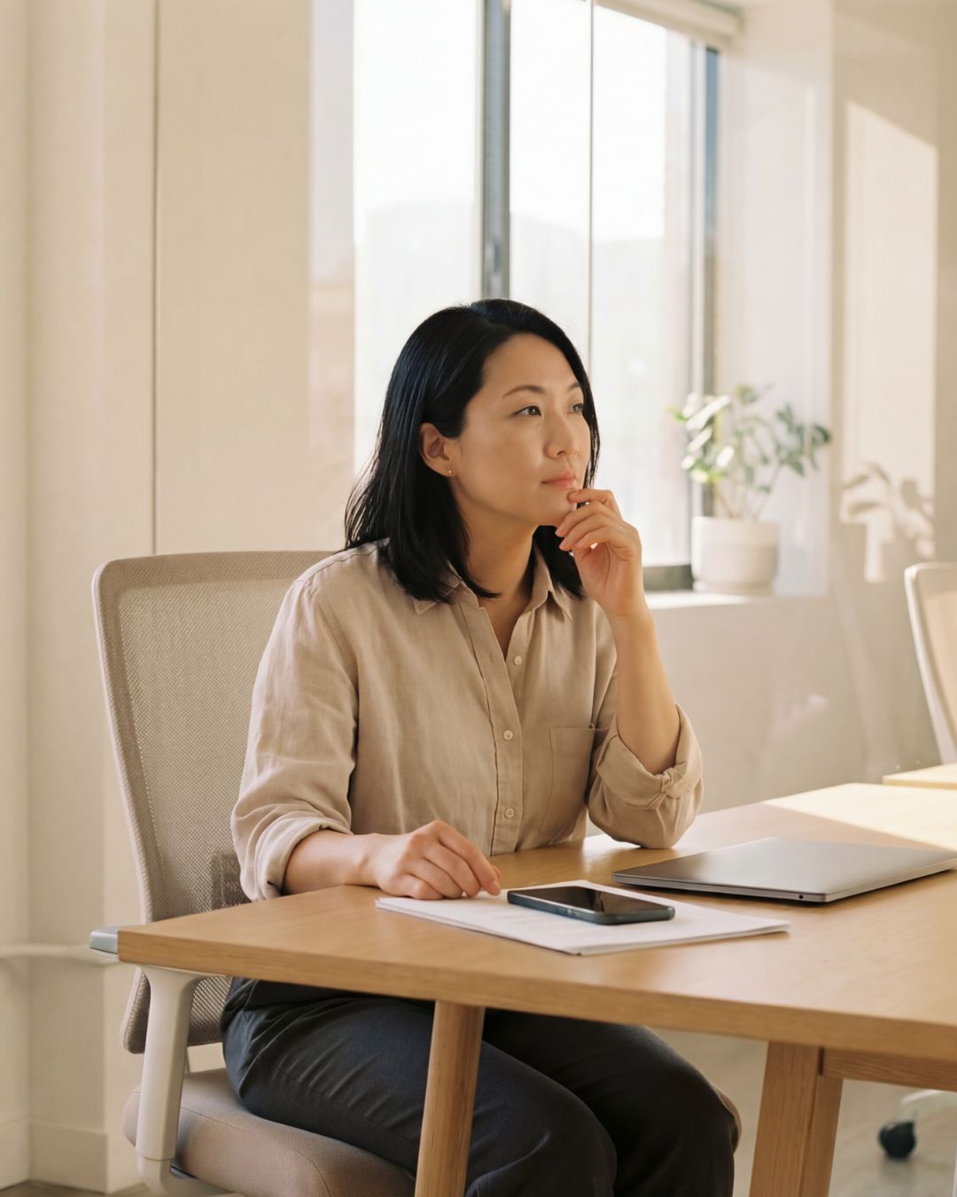 Thoughtful woman sitting at desk with phone, papers, and closed laptop near a window in sunlight.