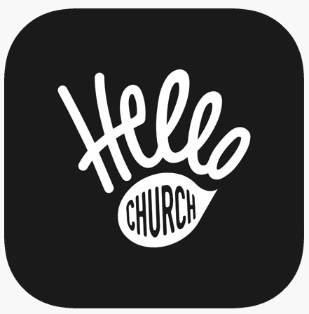 White cursive text saying 'Hello' above a leaf shape containing the word 'CHURCH' on a black rounded square background.