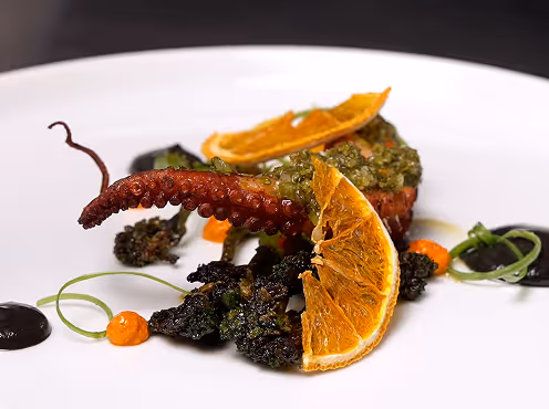 Plated gourmet dish featuring grilled octopus tentacle with green sauce, dried orange slices, black puree, and small dollops of orange sauce on a white plate.