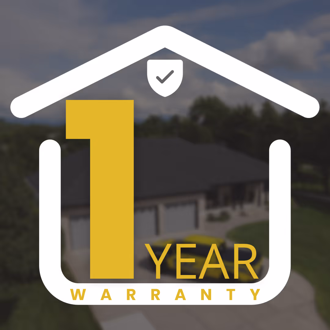 Icon of a house with a shield and checkmark above the text '1 year warranty' in yellow and white.