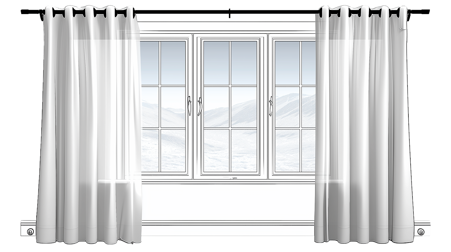 White curtains hanging on a black rod framing a large three-panel window with a mountainous landscape view.