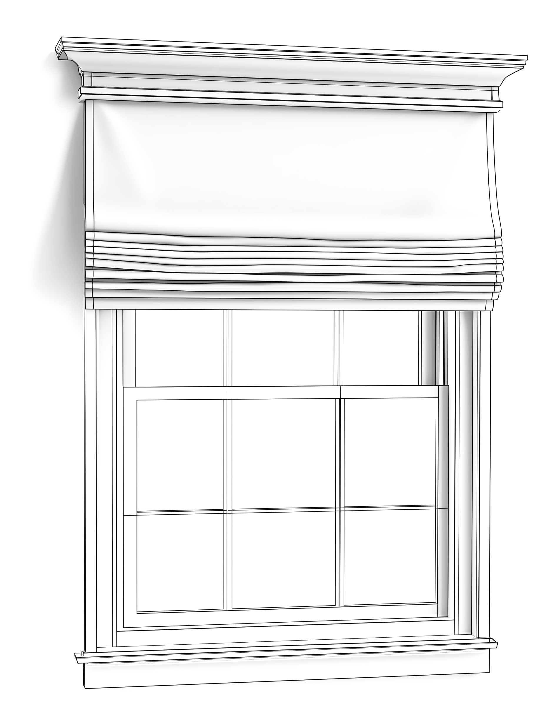 White Roman shade partially covering a window with divided panes.