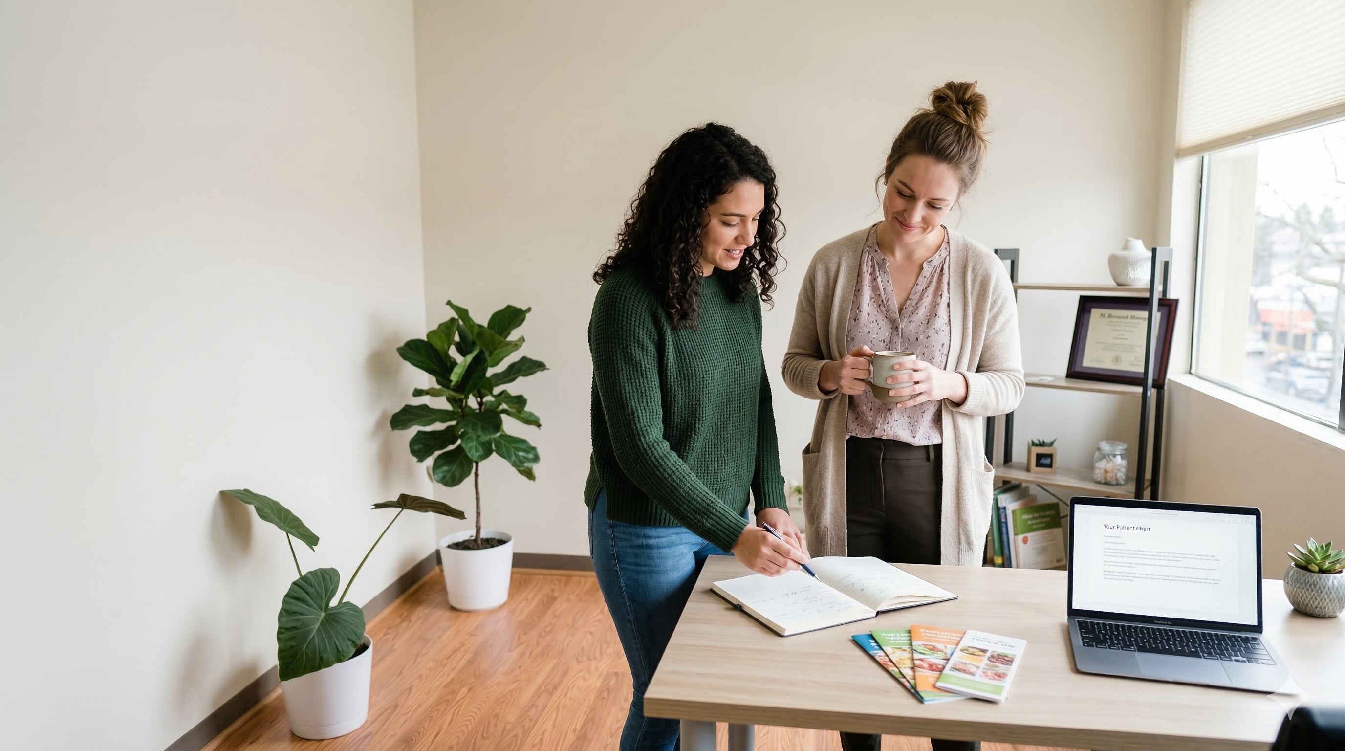 Two dietitians review clinical notes together at a desk with educational materials and a laptop.