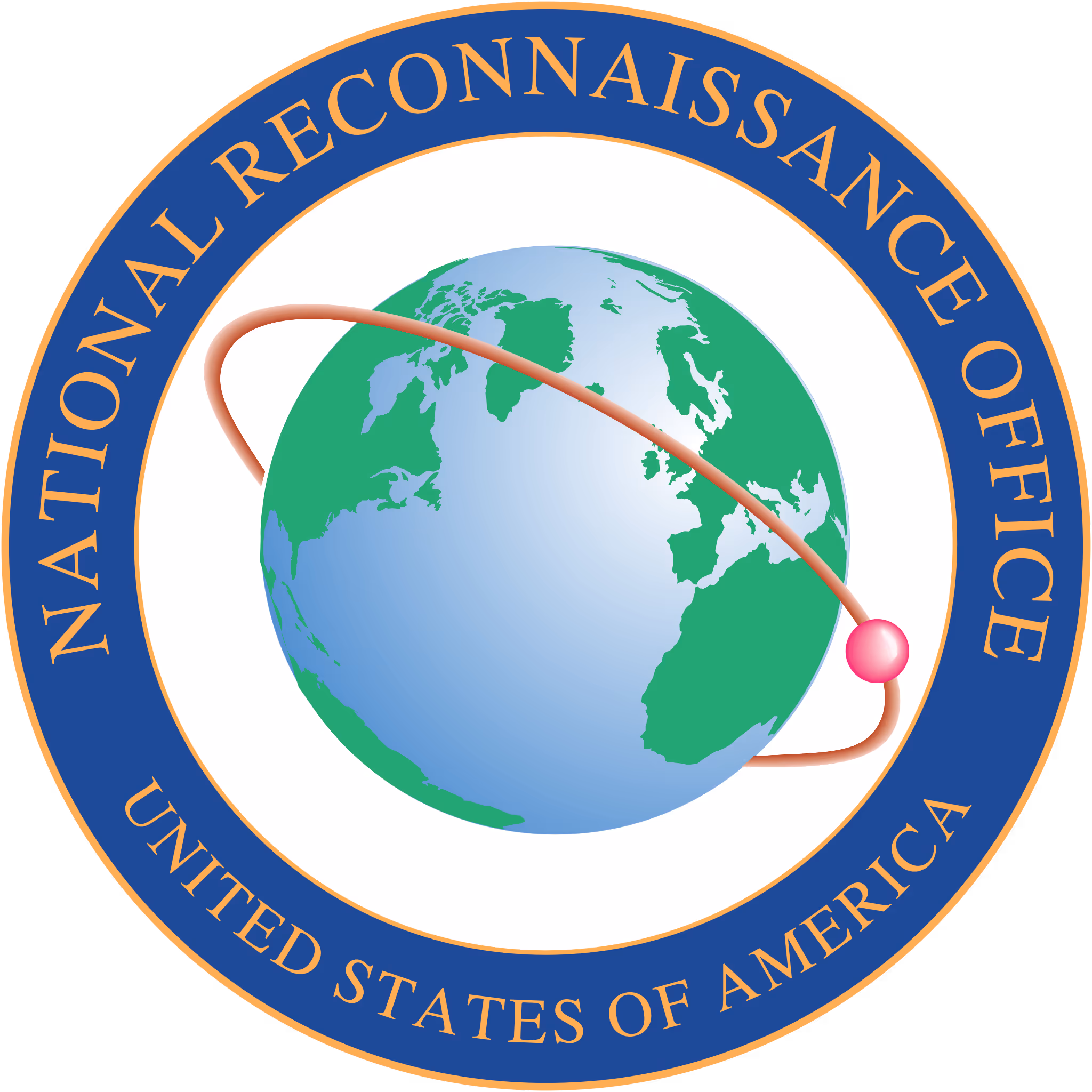 Seal of the National Reconnaissance Office of the United States featuring a globe with a red orbital path and sphere.