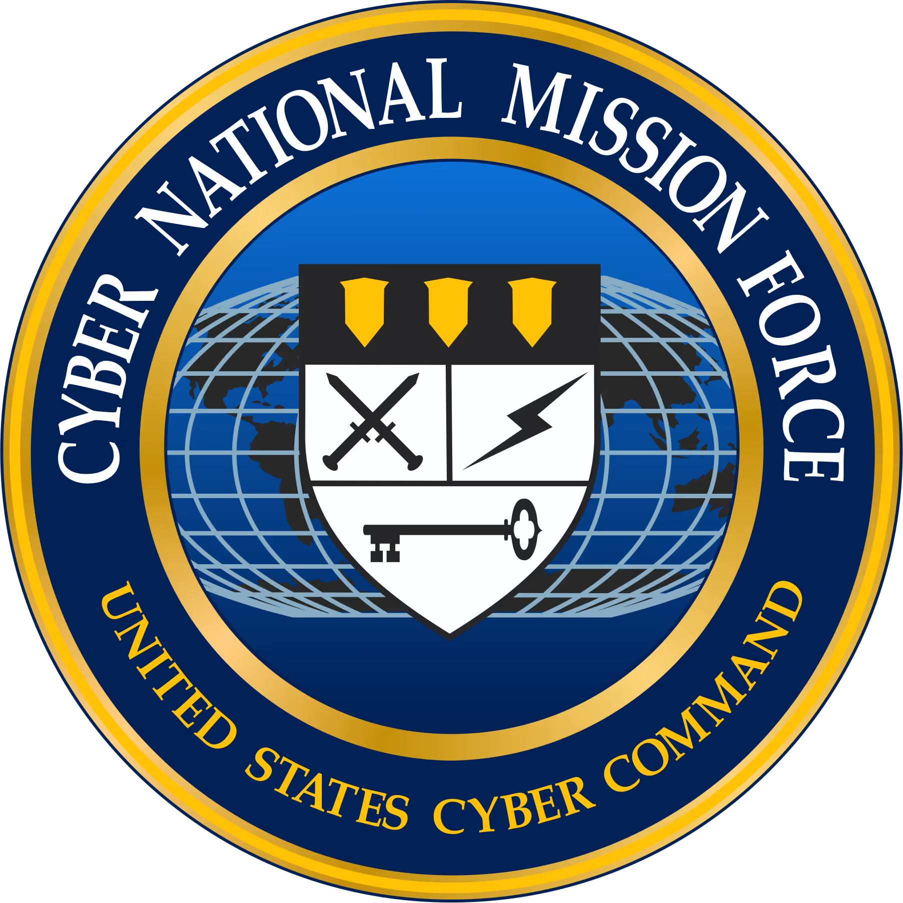Seal of the Cyber National Mission Force, United States Cyber Command, featuring a globe with a shield displaying crossed swords, a lightning bolt, and a key.