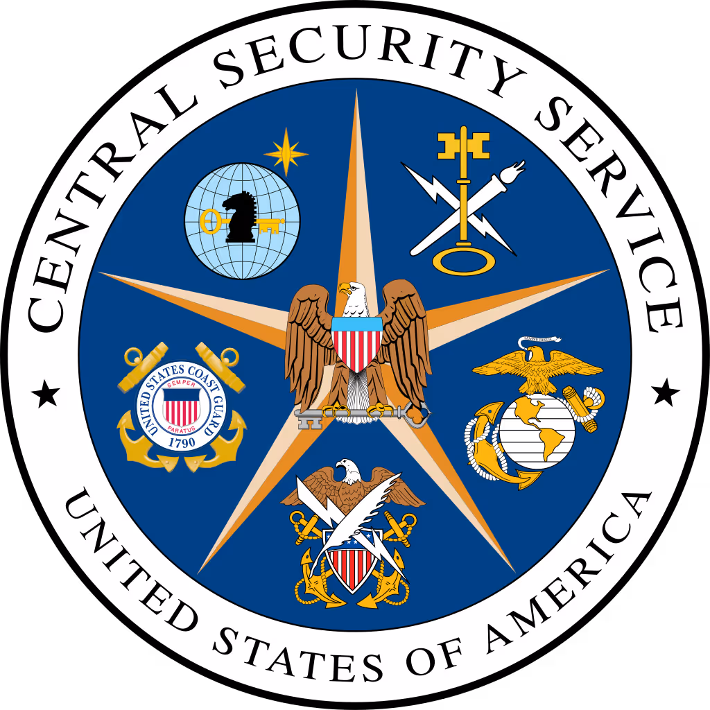 Seal of the United States Central Security Service featuring an eagle with a key, surrounded by symbols including a globe with a knight chess piece, crossed key, lightning bolt, torch, and emblems of the U.S. Coast Guard, Marine Corps, and Navy.