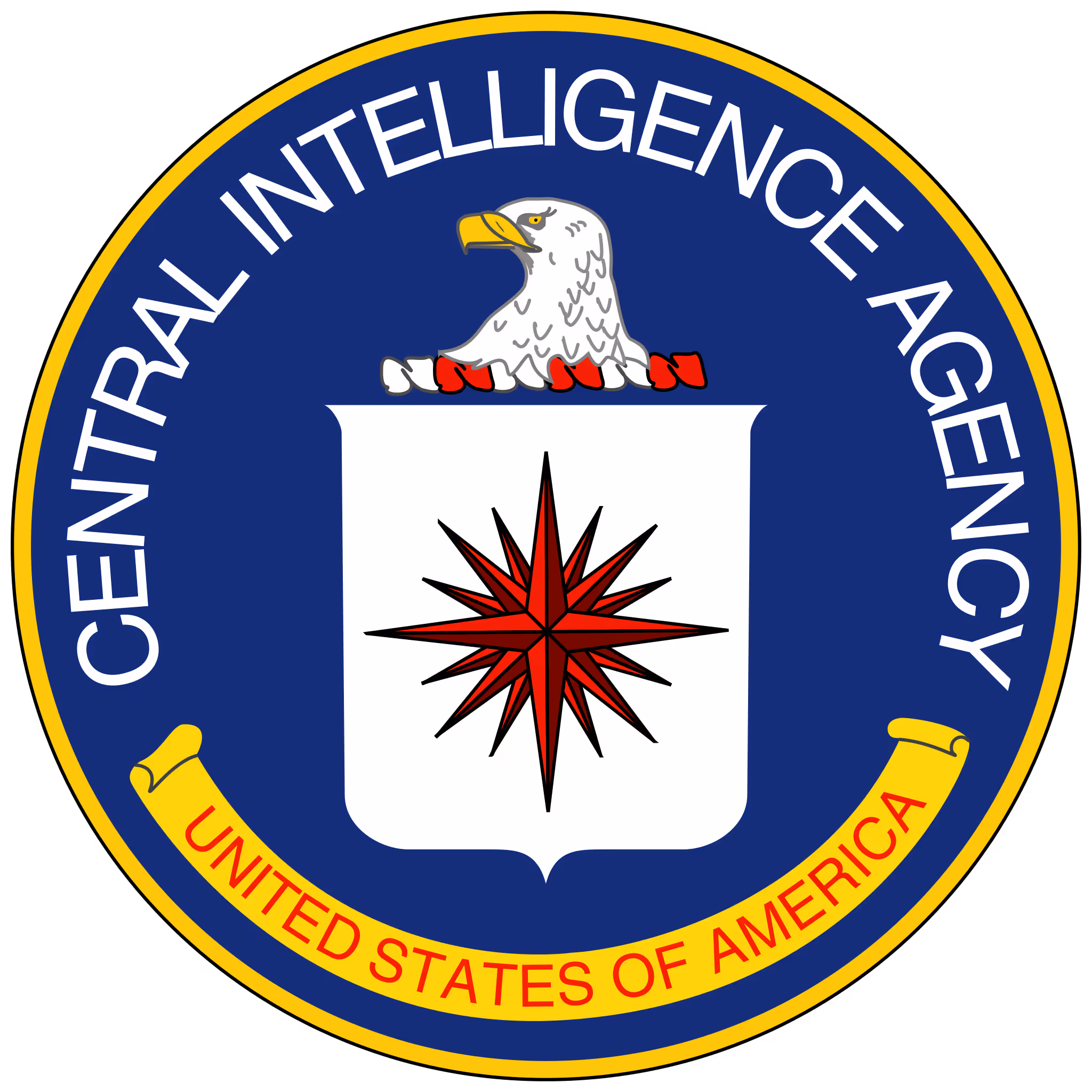 Central Intelligence Agency emblem with a bald eagle head, red compass rose on a white shield, and the text 'United States of America' on a yellow banner.