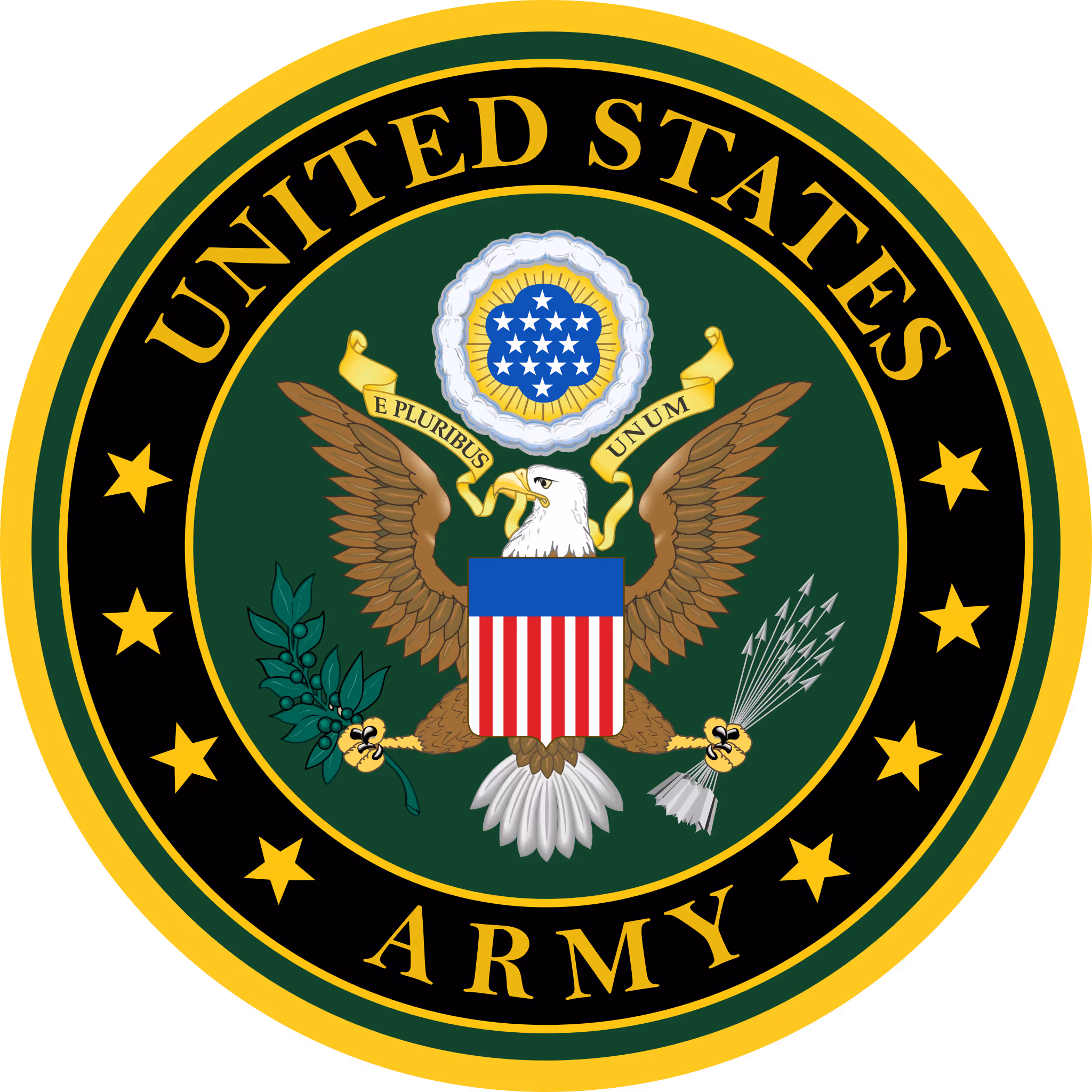 Seal of the United States Army featuring a bald eagle with an olive branch and arrows, shielded chest, radiant cloud, and the motto 'E Pluribus Unum'.