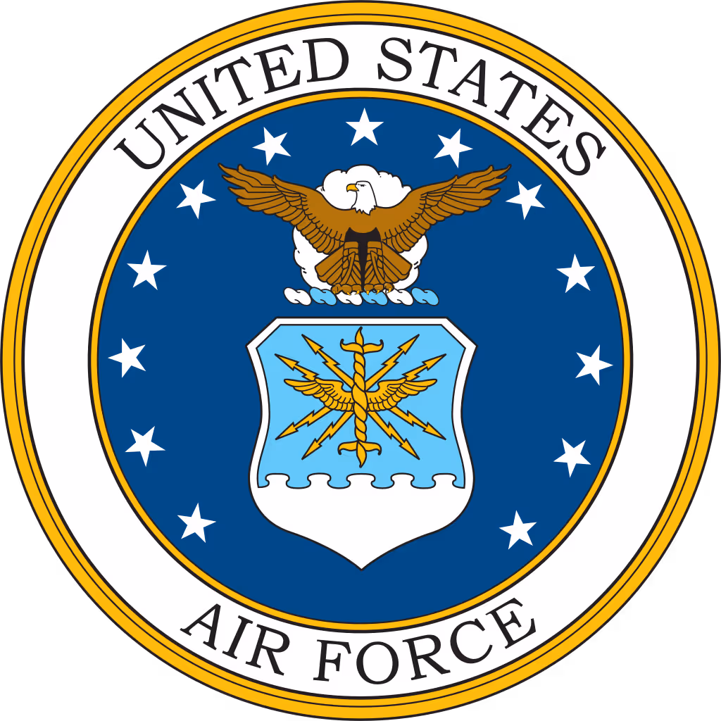 The official emblem of the United States Air Force featuring a bald eagle above a shield with lightning bolts and wings, surrounded by stars and the words 'United States Air Force'.