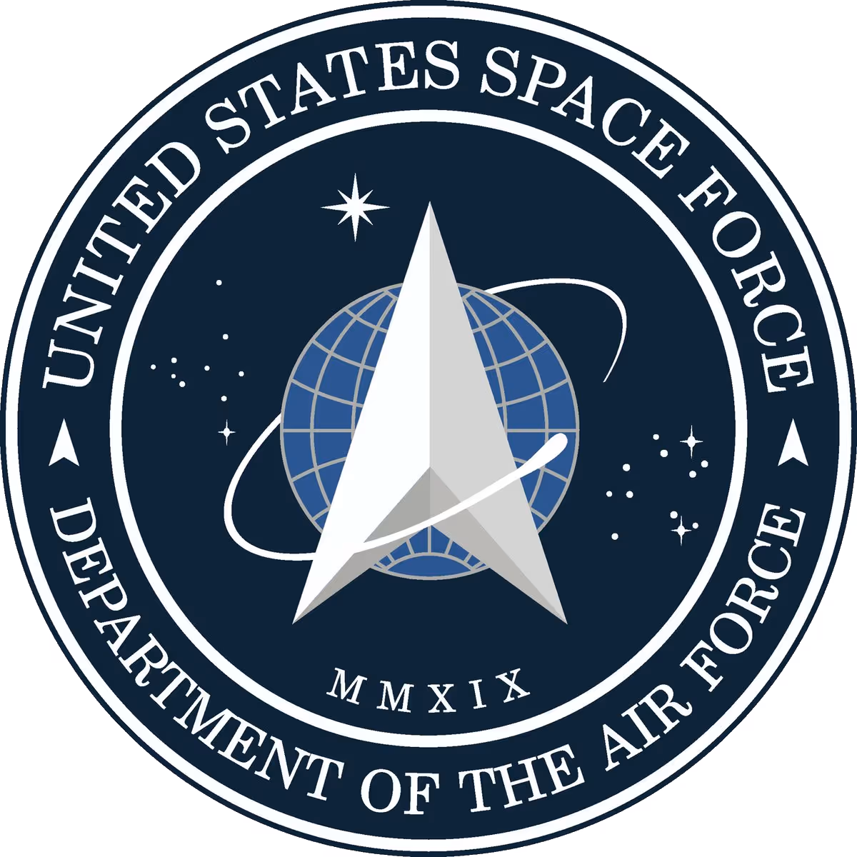 Seal of the United States Space Force featuring a silver delta wing over a blue globe with orbiting path and stars, encircled by the text 'United States Space Force Department of the Air Force MMXIX'.