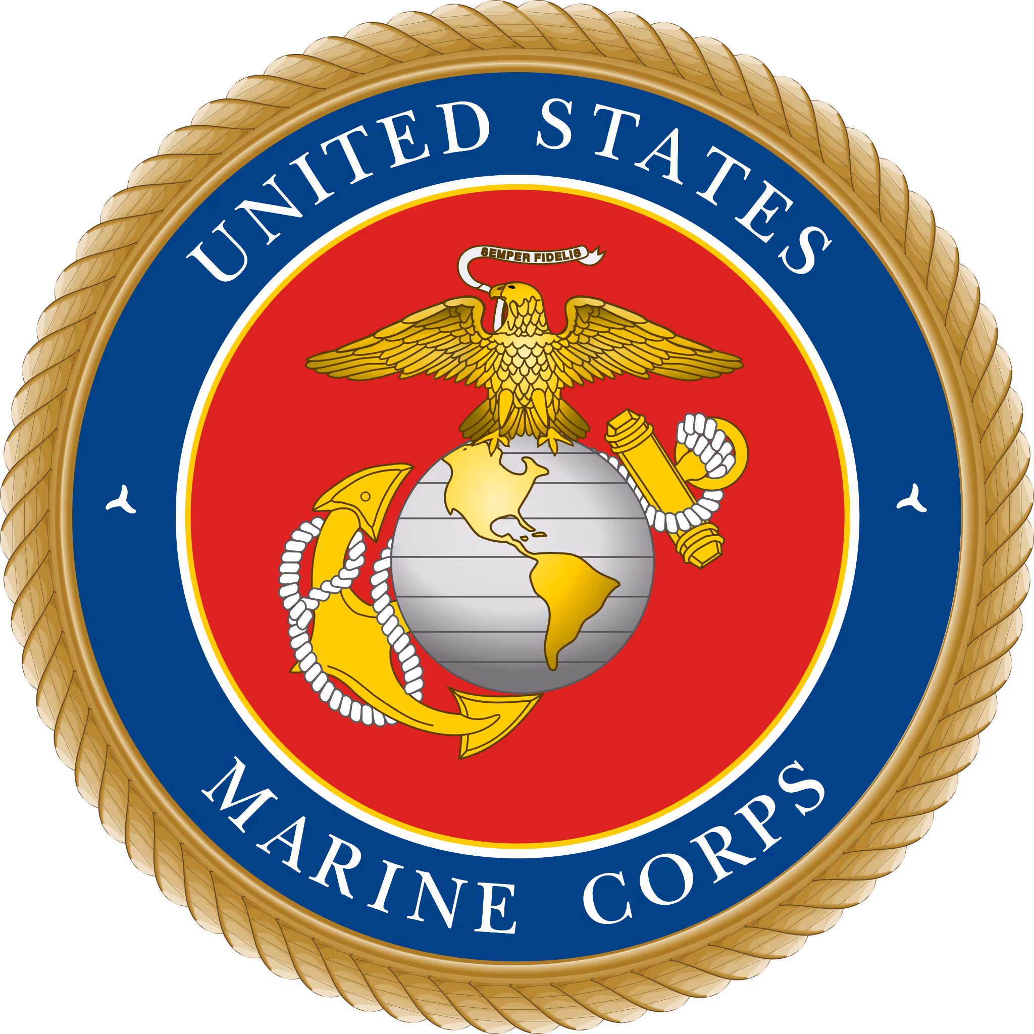 Seal of the United States Marine Corps featuring an eagle, globe, and anchor on a red background with a blue and gold rope border.