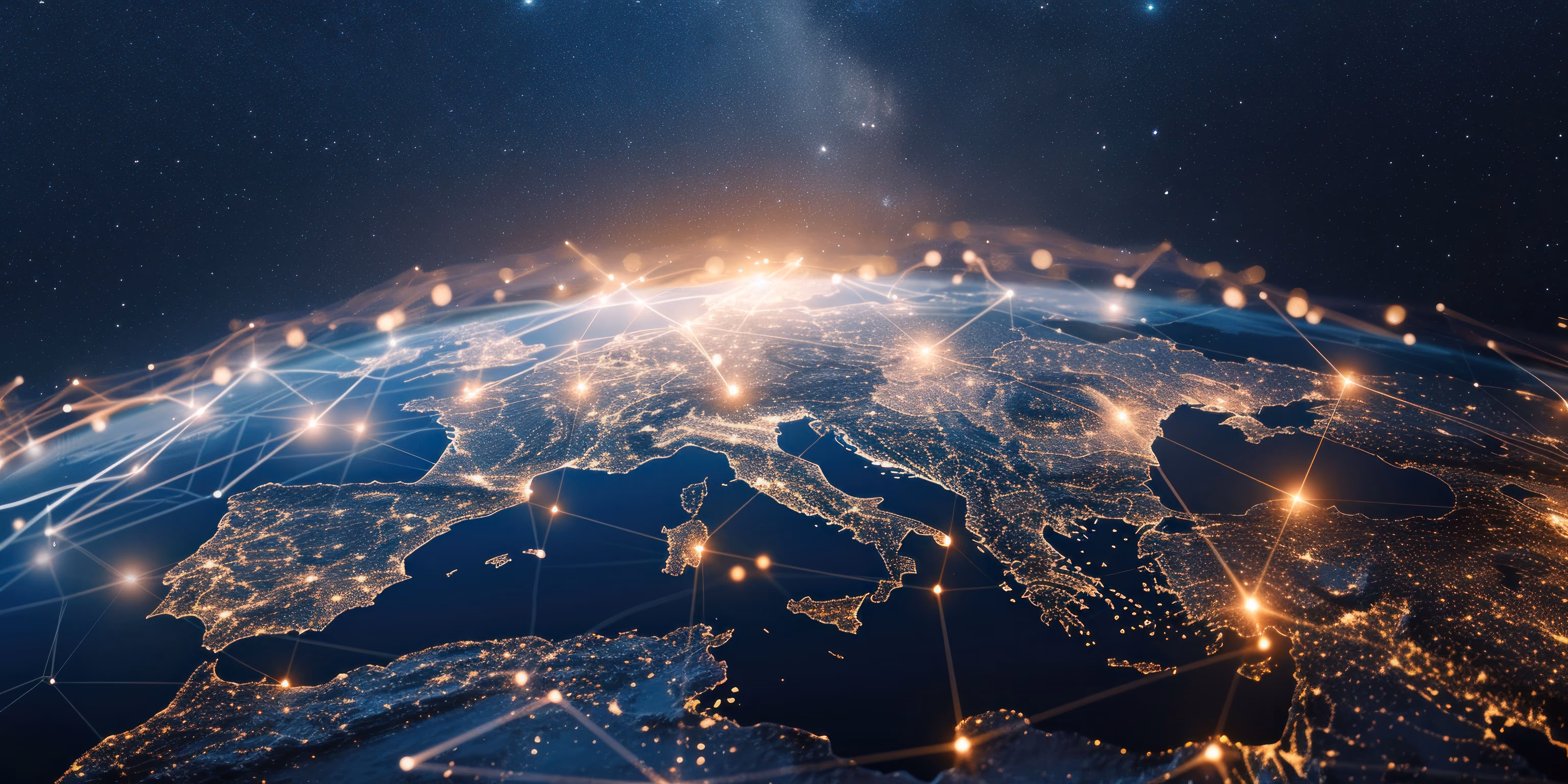 Satellites orbiting Earth with illuminated network connections representing global communication.