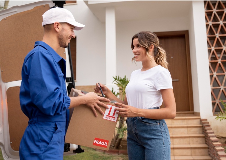Eine Frau unterschreibt ein Paket, das ihr von einem Kuriermann in blauer Arbeitskleidung vor ihrem Haus übergeben wird.