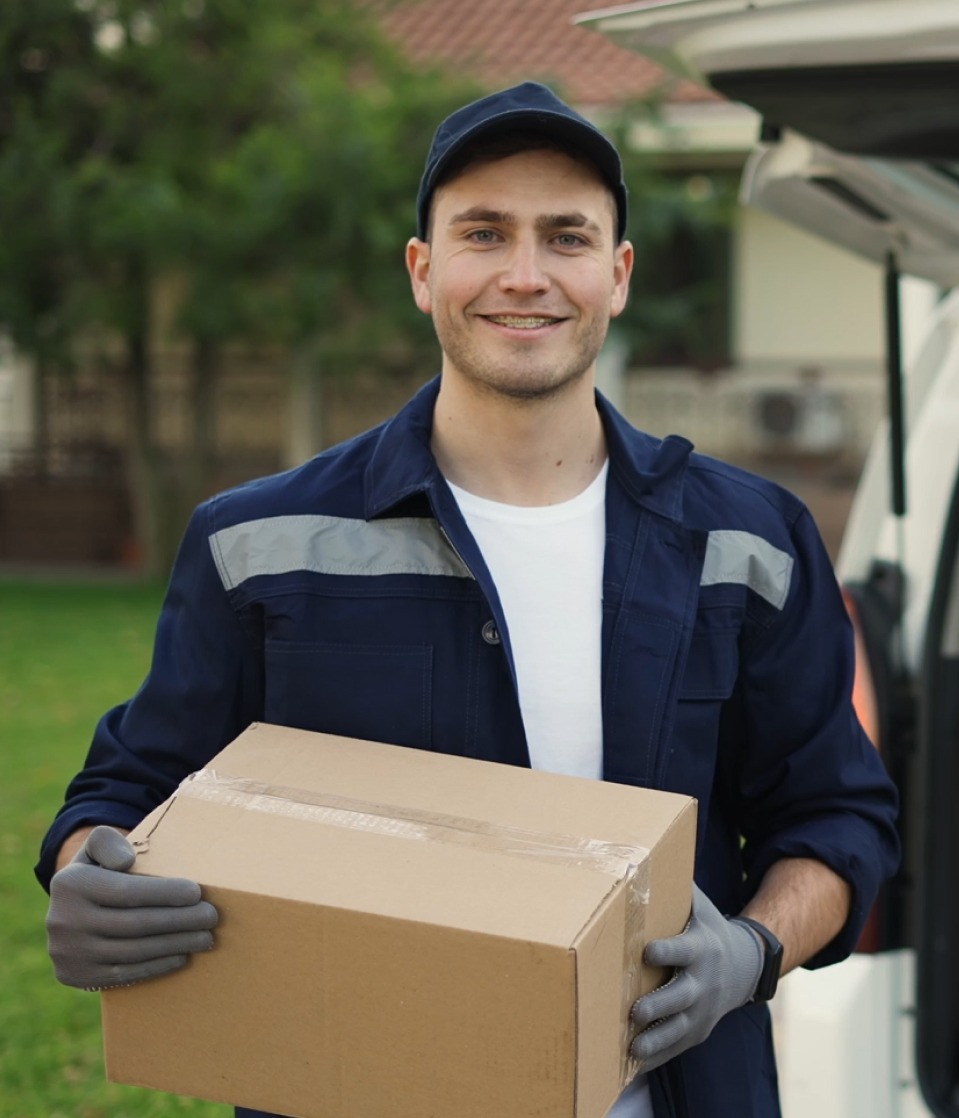Lächender Lieferant in blauer Arbeitskleidung hält ein Kartonpaket vor einem Lieferwagen.