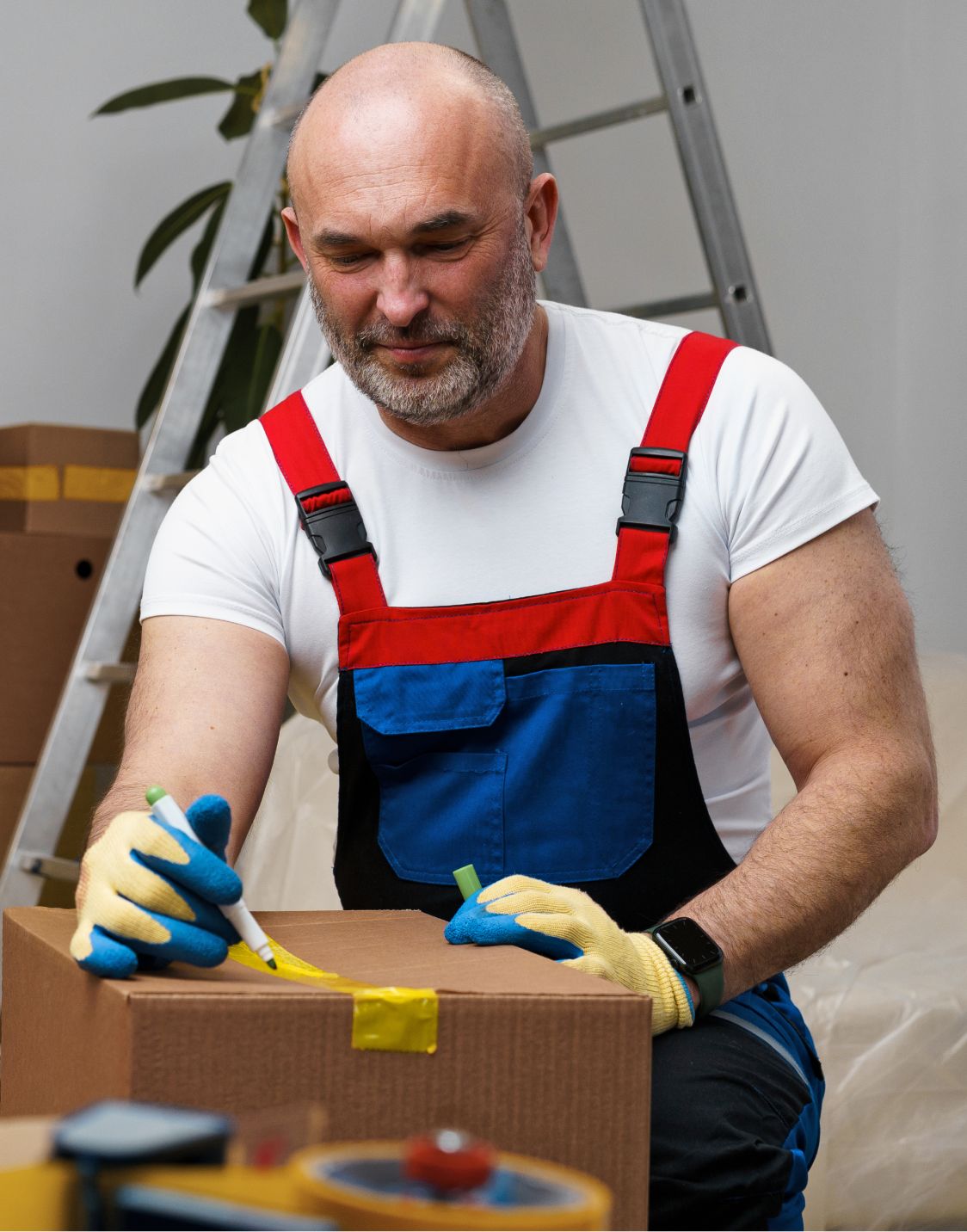 Mann mit Arbeitshandschuhen kennzeichnet Klebeband auf einem Karton beim Verpacken.