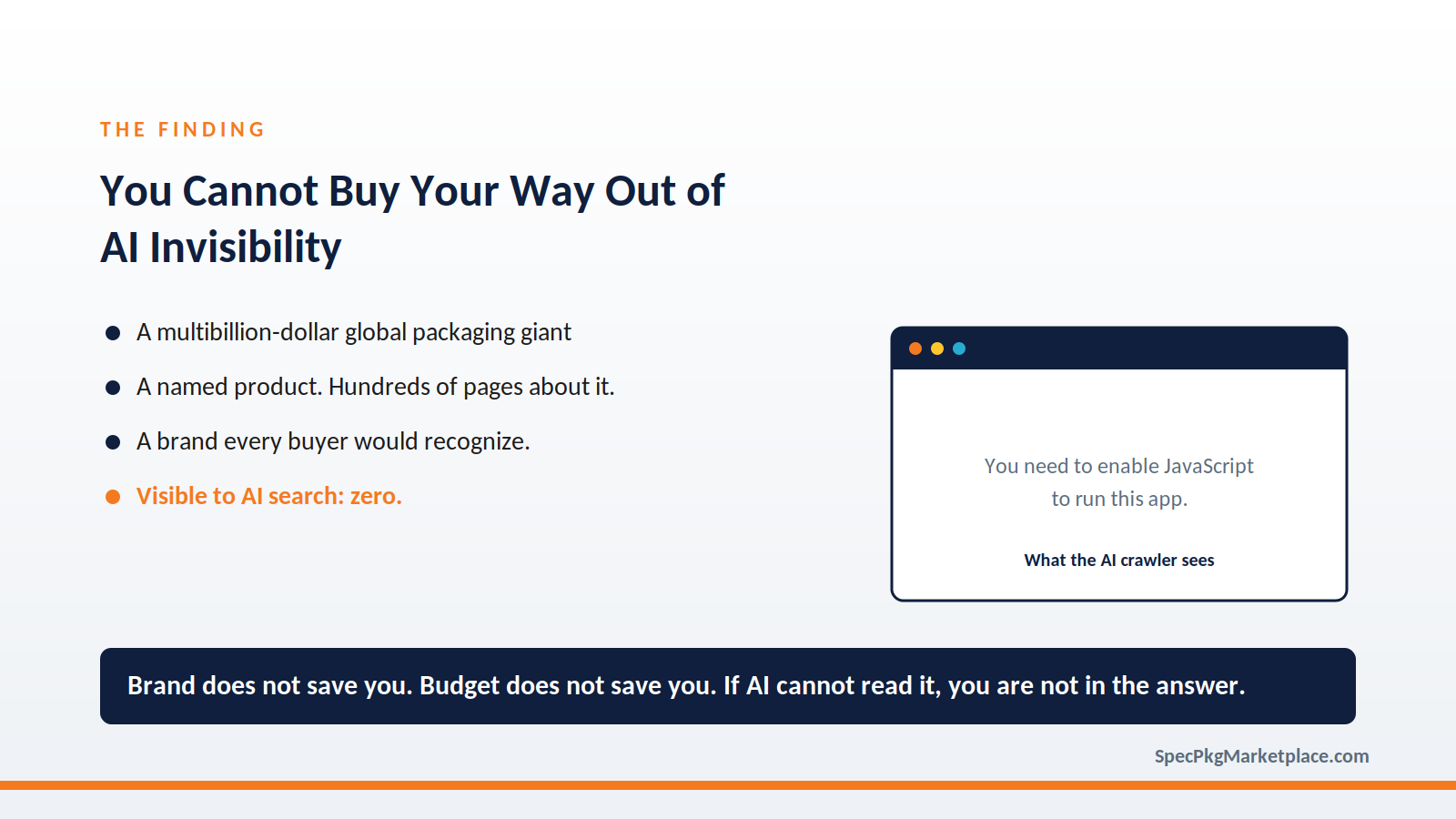 Graphic showing a multibillion-dollar packaging giant invisible to AI search because its site runs on JavaScript, with the enable JavaScript message an AI crawler sees