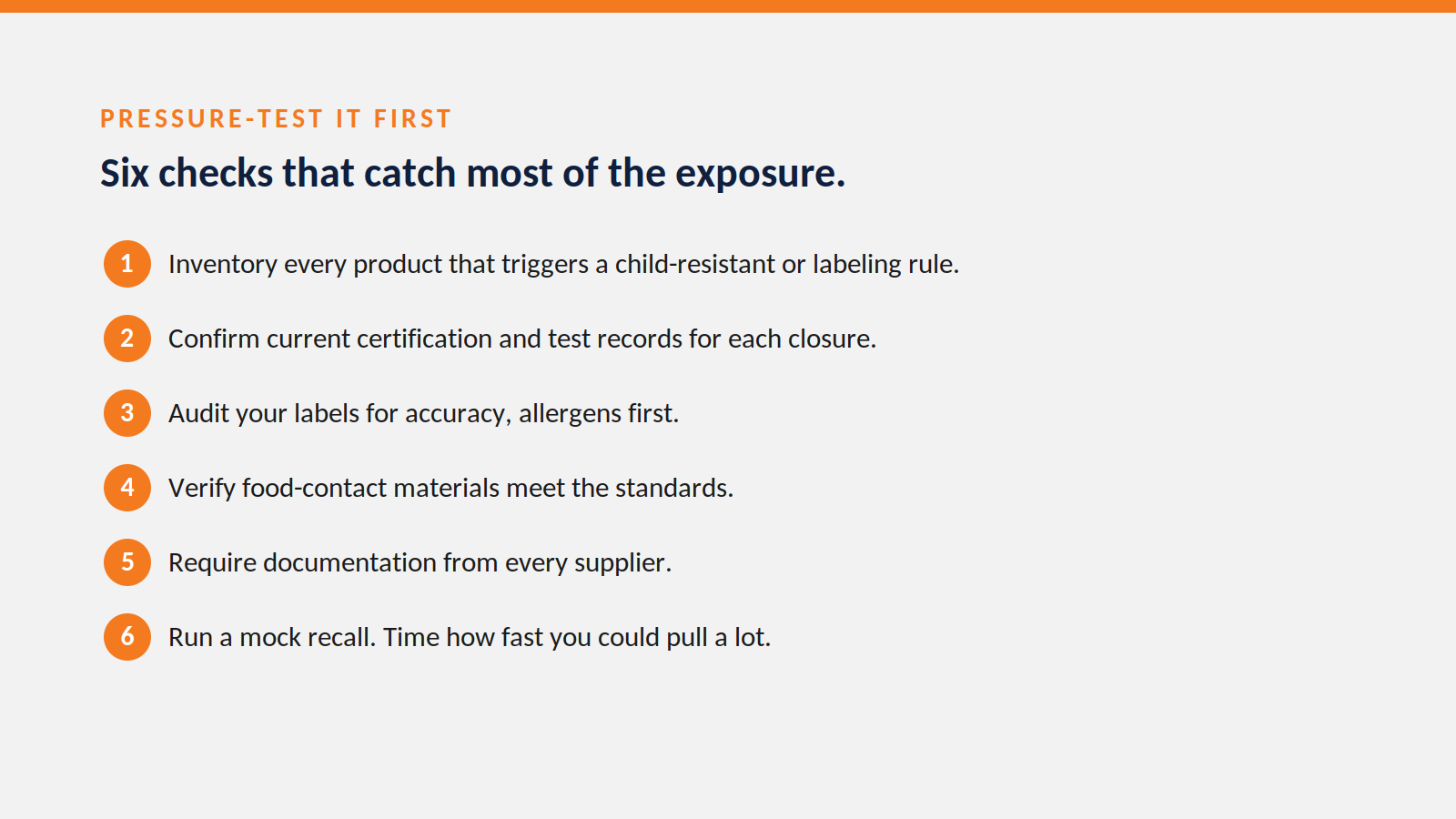 A six-point packaging recall pressure-test: inventory triggers, confirm certifications, audit labels, verify food-contact materials, require supplier documentation, run a mock recall.